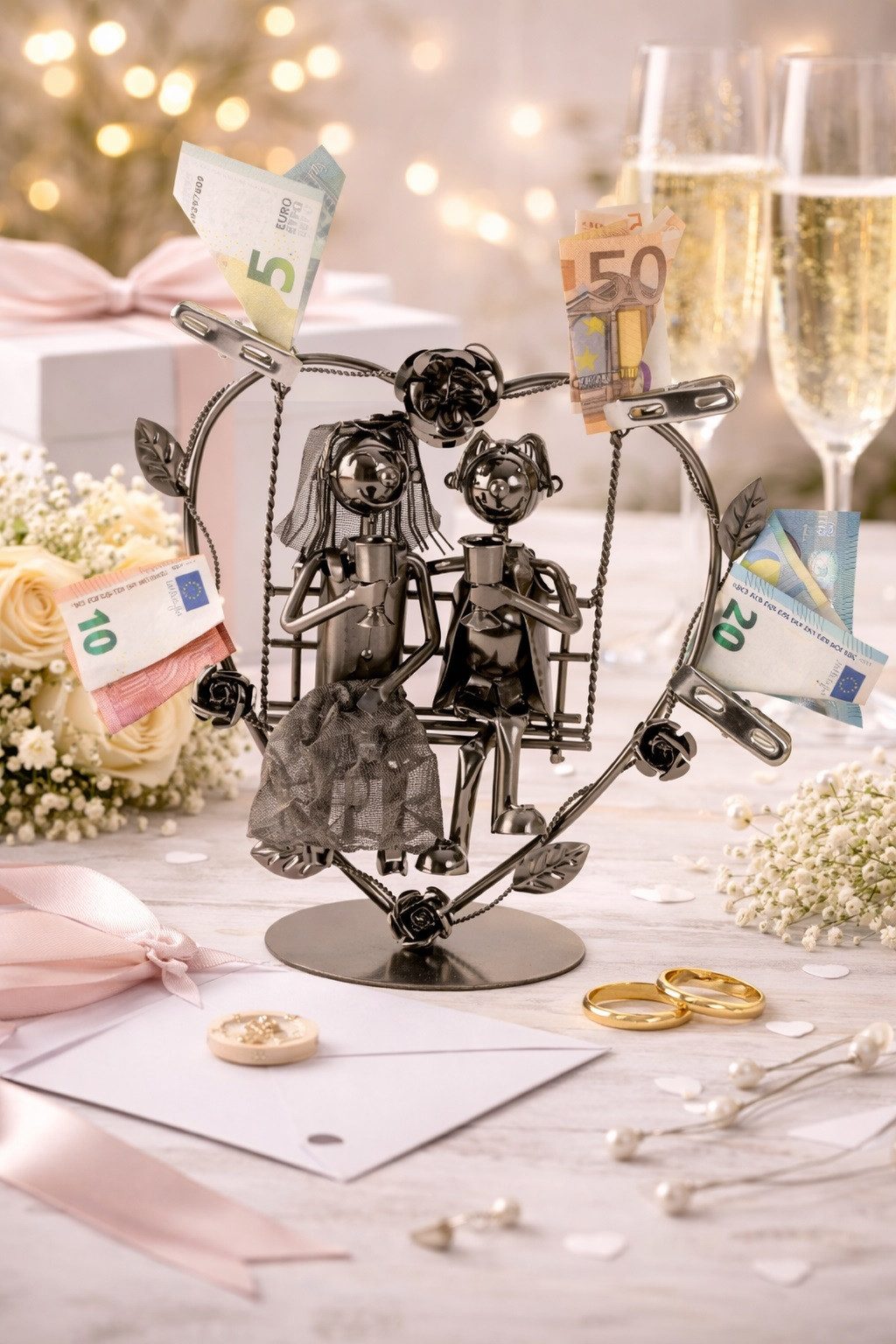 Geschenk-Himmel Dekofigur Metall Figur Hochzeit Paar Schaukel Geldgeschenk