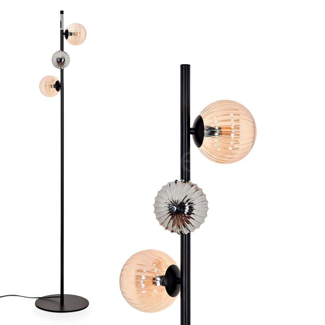Stehlampe Stehlampe aus Metall/Riffelglas in Schwarz/Rauch/Bernstein