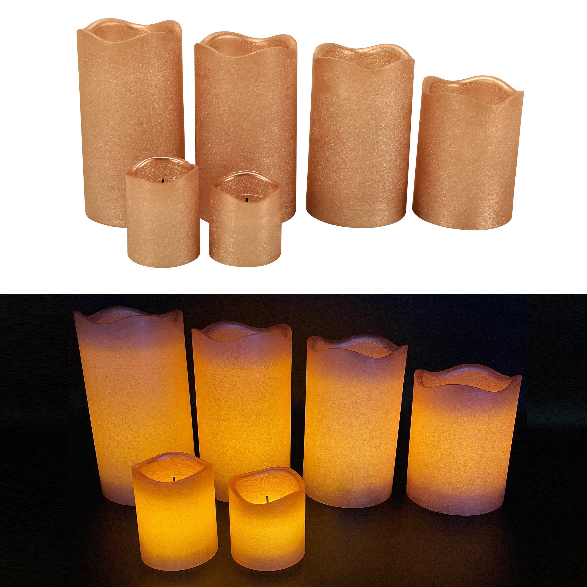 Online-Fuchs LED-Kerze 4 + 2er Set LED Kerzen aus Echtwachs mit Timer und Fernbedienung (Champagner, Weiß, Silber, Rot, Róse -, Metallic-Design), ohne Flamme, leuchten aus dem Inneren