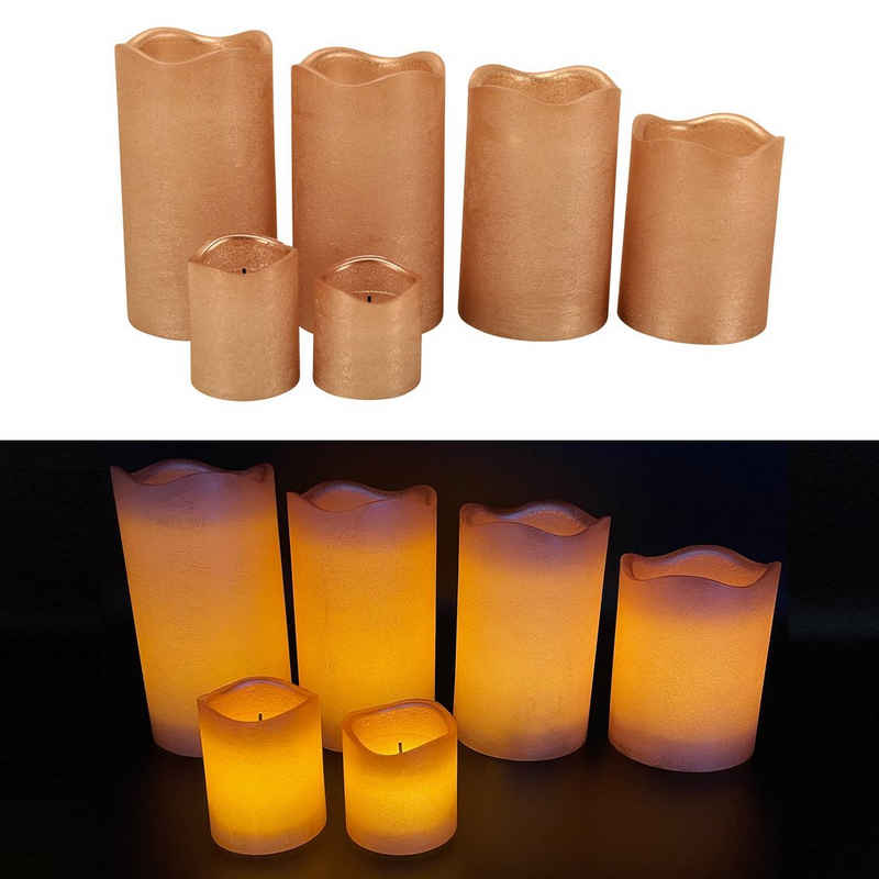 Online-Fuchs LED-Kerze 4 + 2er Set LED Kerzen aus Echtwachs mit Timerfunktion 772 (mit Fernbedienung (4 und 8 Stunden-Timer), Standlicht oder Flackerlicht, Metallic-Design), ohne Flamme, Stumpenkerzen (10/12/13/14 cm), Votivkerzen (5/6 cm)