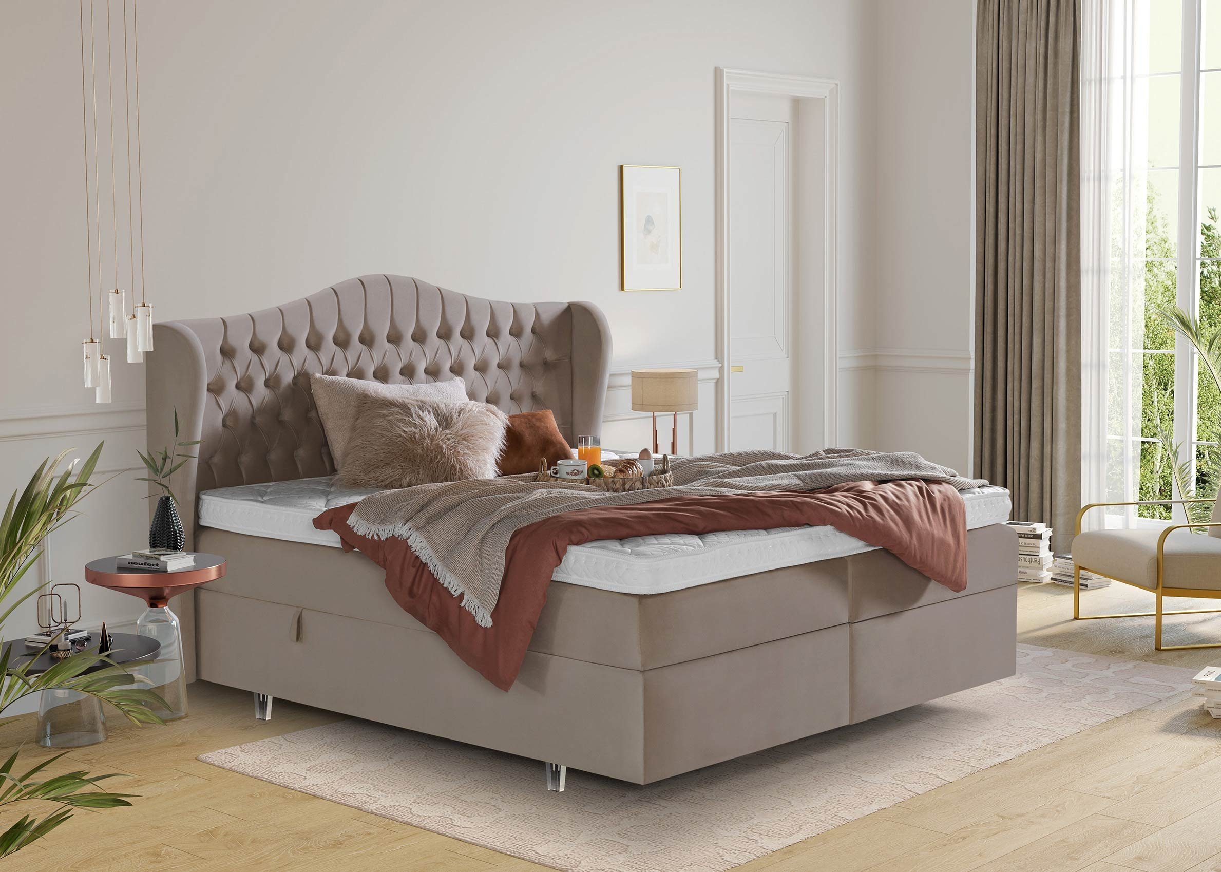 BettCo Stauraumbett Boxspringbett mit Bettkasten Maison (in Taupe Velours, 140 x 200 cm), XXL Bettkasten, Topper optional, Acryl-Füße