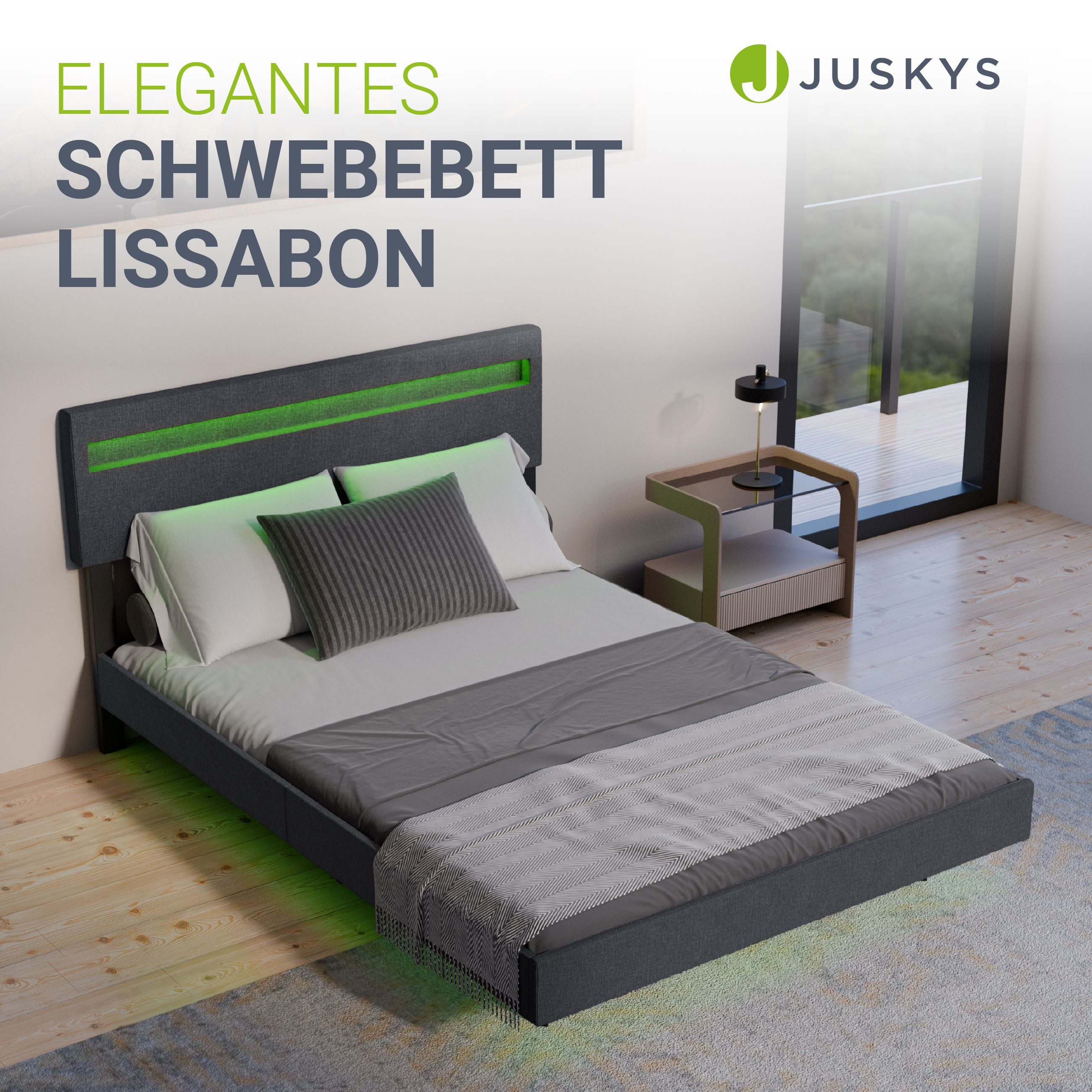 Juskys Polsterbett Lissabon, LED-Beleuchtung, Leinen, verstellbares Kopftei günstig online kaufen