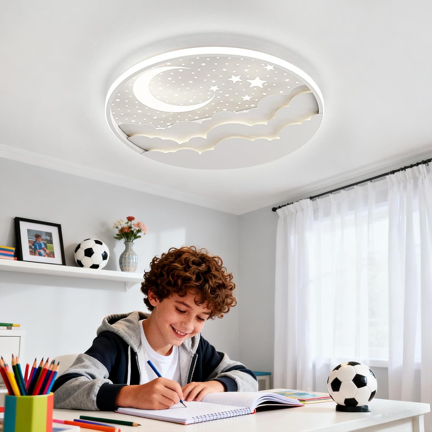 RRBEST Deckenleuchte LED Kinder Deckenlampe, Stern Mond Deckenleuchte Mit Fernbedienung, Warm, Natural, Kalt, Kinderzimmer Dimmbar Deckenleuchten, Schlafzimmer Lampe