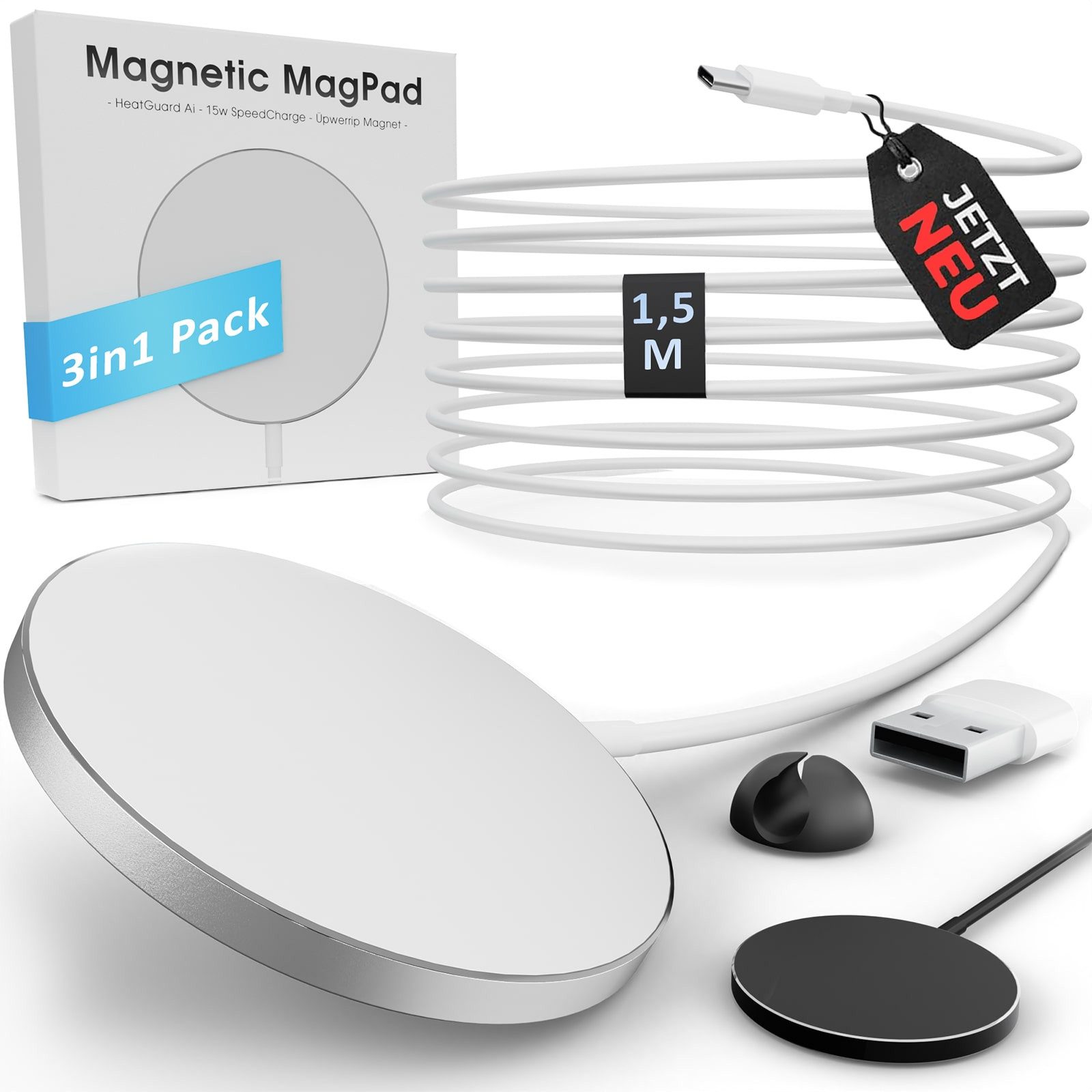 GreenHec MagSafe Ladegerät 15w iPhone 17 16 15 14 13 12 Pro Max Plus kabellos Wireless Charger (5,00 mA, Set, iPhone 8 - 16 Pro Max, Magnetic MagSafe, Magnetisches induktives Ladepad für Apple Schwarz Silber)