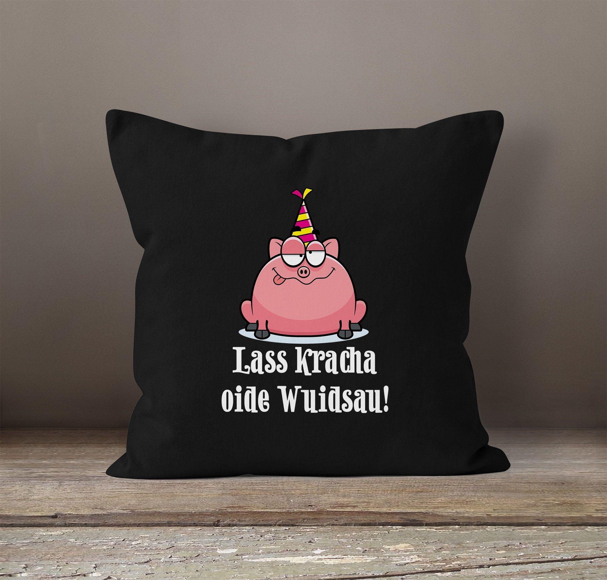 Geschenk Schwein Geburtstag oide Baumwolle Dekokissen schwarz kracha 40x40 Wuidsau Spruch MoonWorks MoonWorks® Kissenbezug Lass