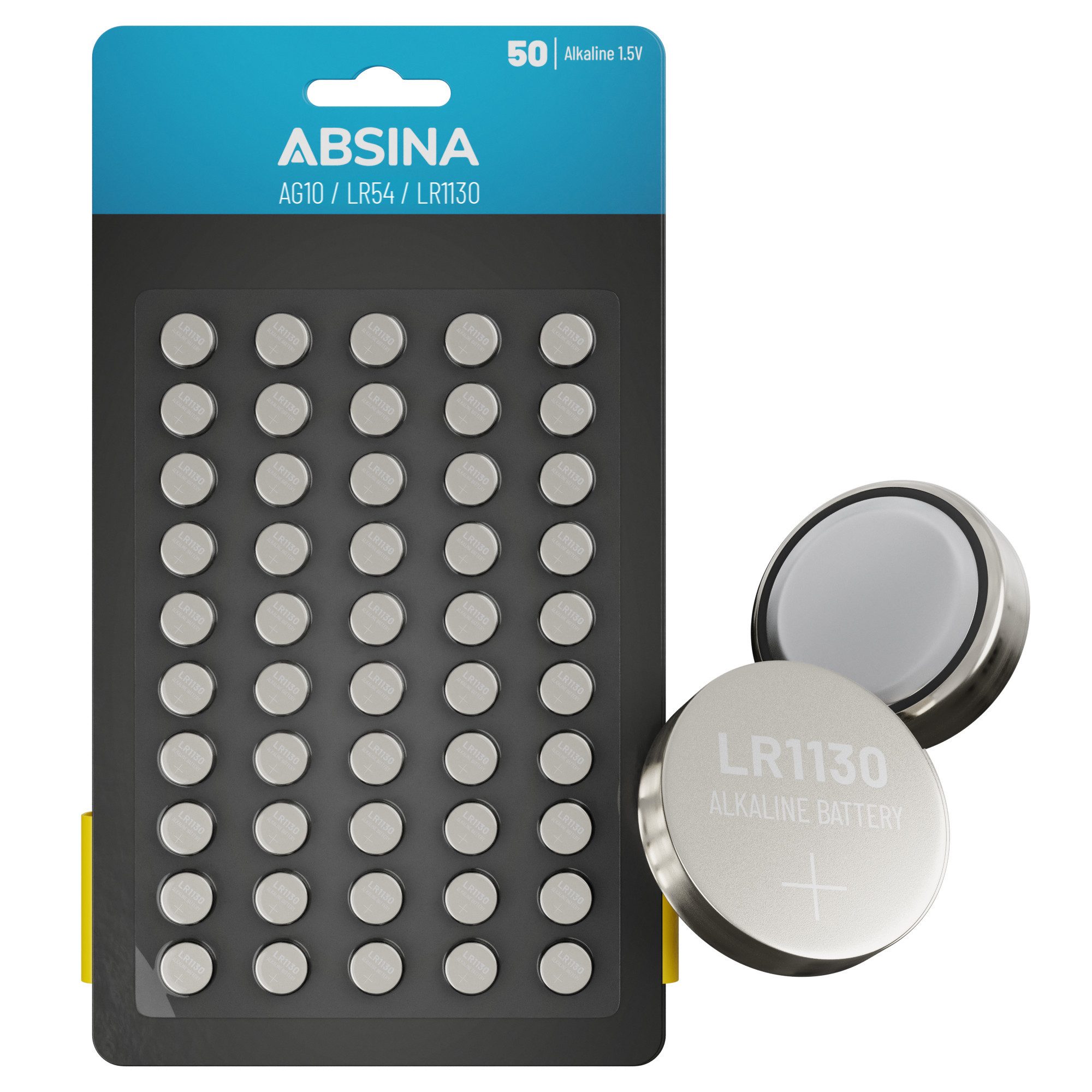 ABSINA AG10 LR1130 Knopfzelle 50er Pack - 1,5V Alkaline Knopfzellen Knopfzelle, (1,5V V, 1 St)