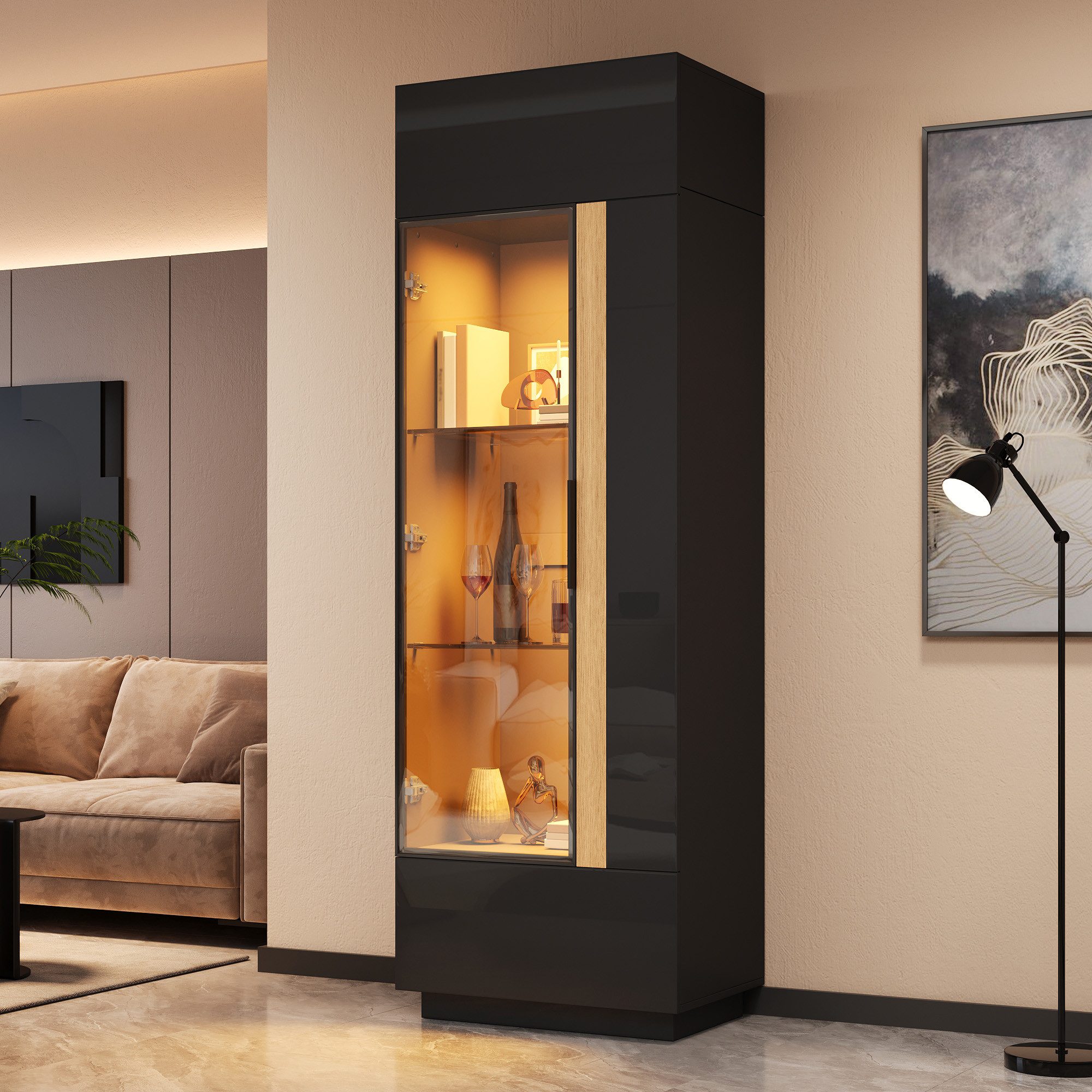 Merax Glasvitrine mit LED-Beleuchtung, Hochschrank mit Glastür und Aluminiumrahmen (1-St) Vitrinenschrank mit 3 Türen & Stauraum, Wohnzimmerschrank 60x40x180cm