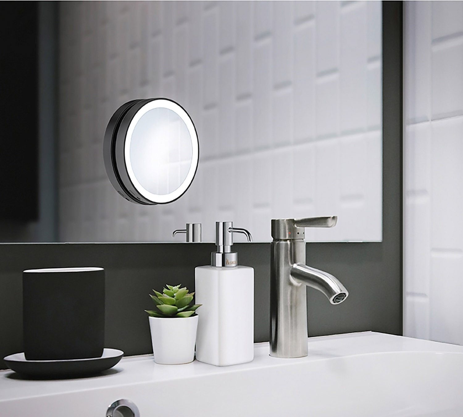 Smedbo Kosmetikspiegel OUTLINE LITE, Ø 12 cm, Schwarz, Kunststoff, LED-Bele günstig online kaufen