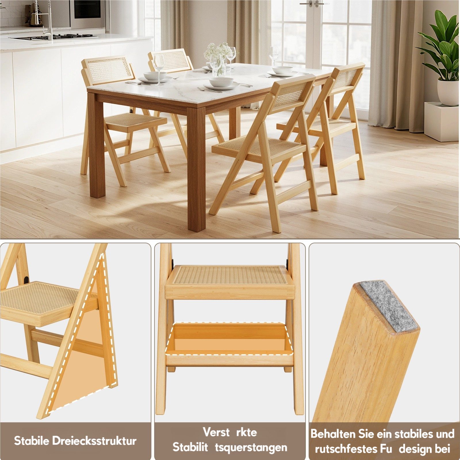 TLGREEN Klappstuhl aus Holz,Faltbar Esszimmerstuhl, (87x46x43cm Rattan Stuhl mit Wiener Geflecht, 2 St), Rattan Stuhl, Balkonstuhl, Naturfarben – Bild 3 von 5