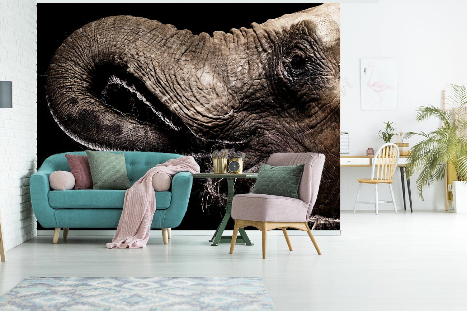 MuchoWow Fototapete Elefant - Natur, bedruckt, Tiere Wallpaper Kinderzimmer, (6 Tapete Schwarz - - Matt, St), Vinyl für Wohnzimmer, Schlafzimmer