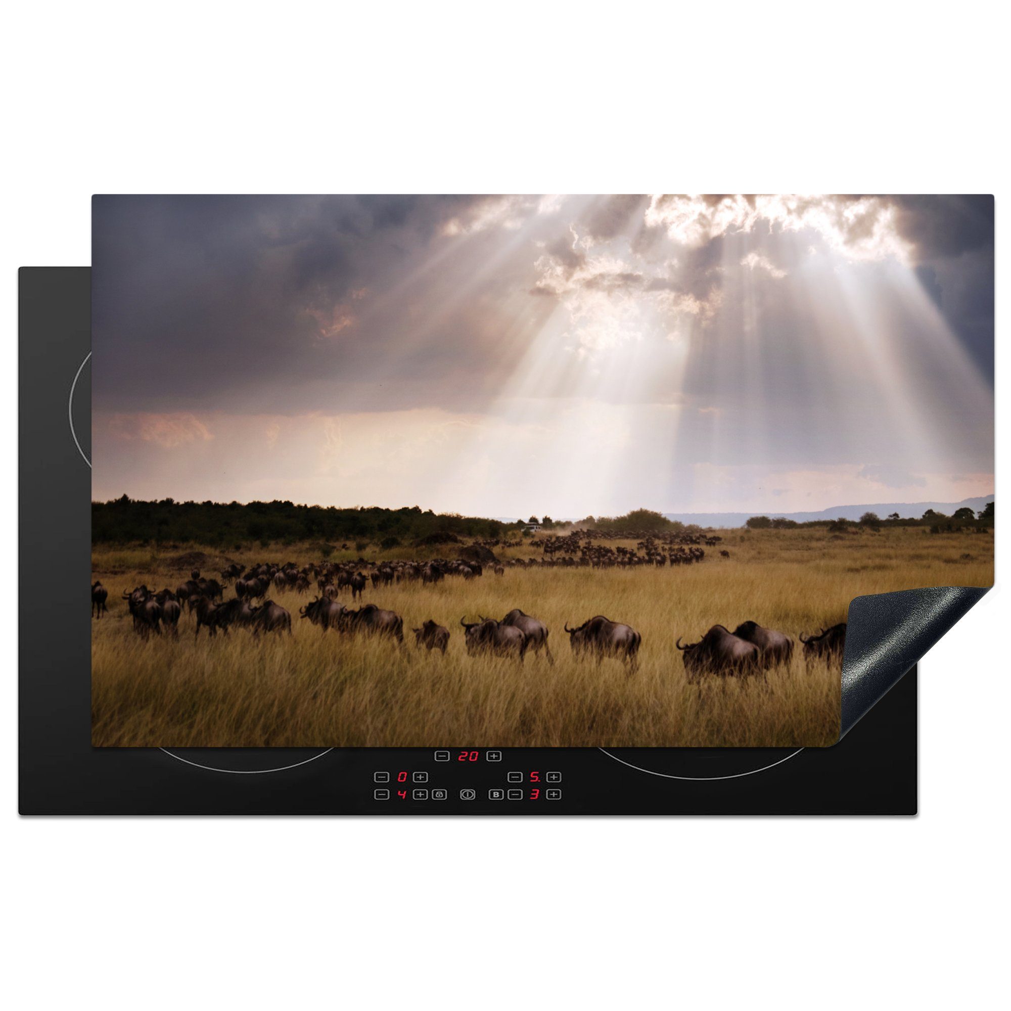 MuchoWow Herdblende-/Abdeckplatte Sonnenstrahlen auf Gewitterwolken im Masai Mara National Park in Kenia, Vinyl, (1 tlg), 83x51 cm, Ceranfeldabdeckung, Arbeitsplatte für küche