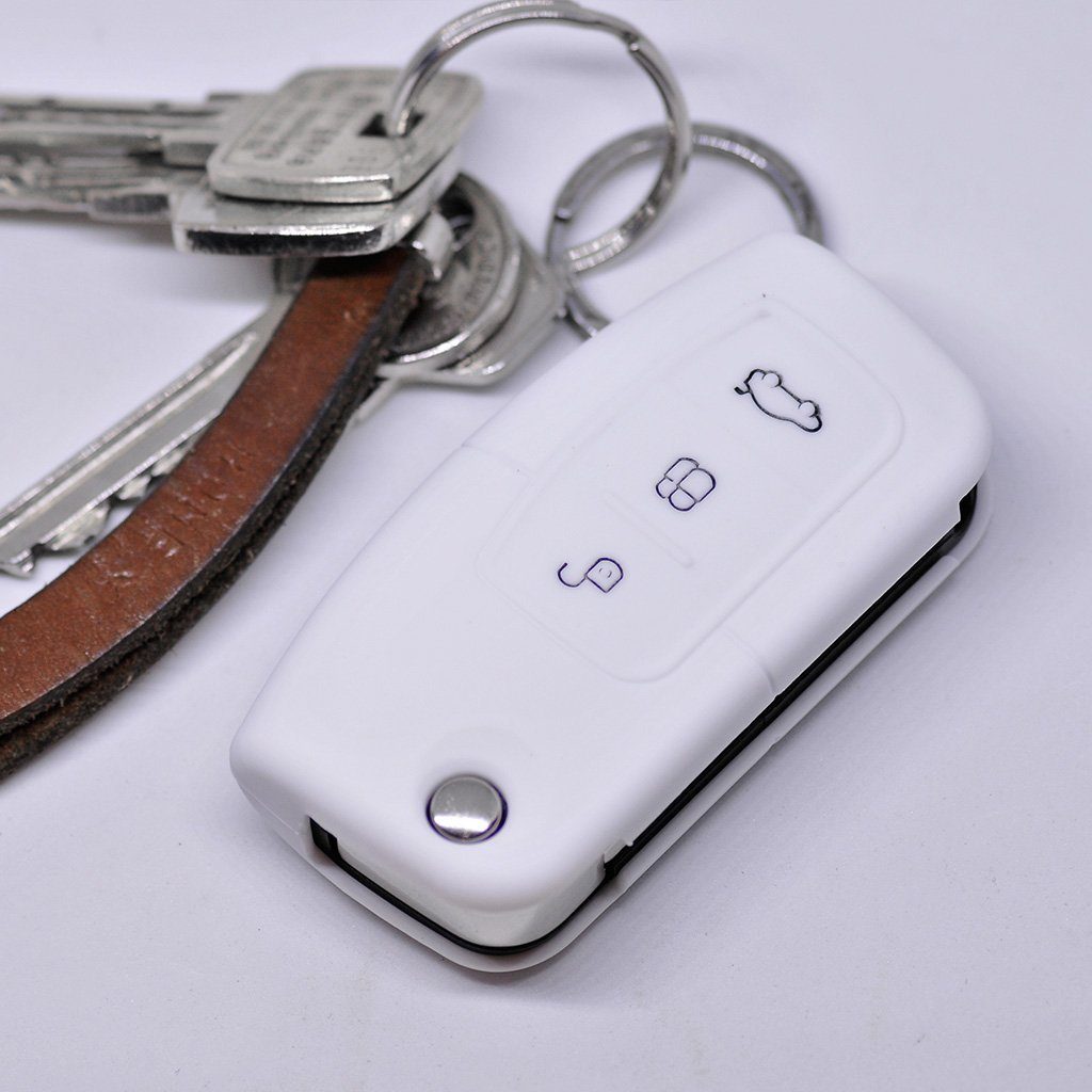 mt-key Schlüsseltasche Autoschlüssel Softcase Silikon Schutzhülle Weiß, Ford Focus Fiesta Ecosport S-Max Kuga C-Max 3 Knopf Klappschlüssel