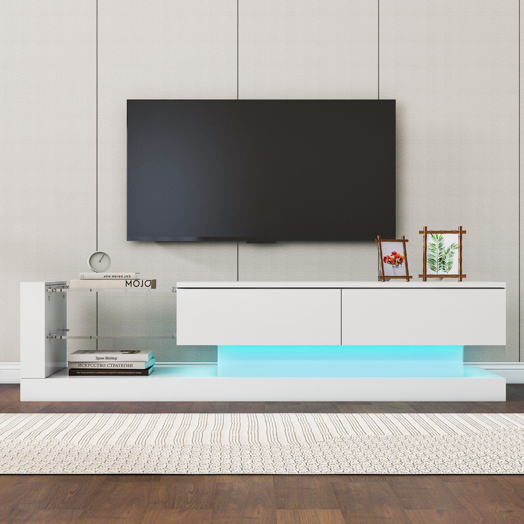 REDOM TV-Schrank TV-Schrank hochglanz mit Klapptüren (Breite:140cm) TV-Schrank, mit Glasablagen und LED-Beleuchtung