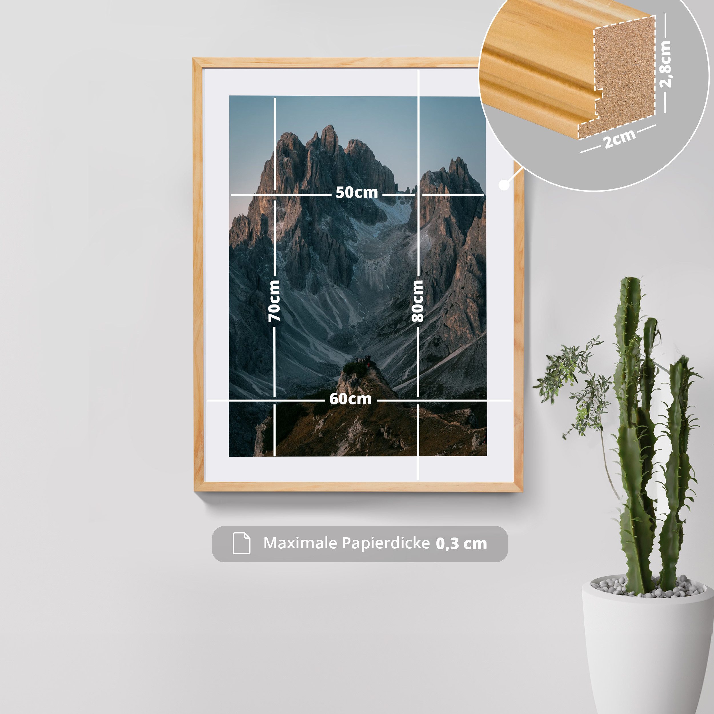 KHG Bilderrahmen 60x80 cm Natur, für 1 Bilder (stabile Glasfront, MDF-Holz-Rahmen foliert & Passepartout, 1 St), Premium-Rahmen für Fotos, Poster, Zertifikate & – Bild 2 von 5