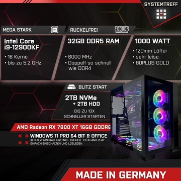 SYSTEMTREFF Gaming-PC-Komplettsystem (27", Intel Core i9 12900KF, Radeon RX 7800 XT, 32 GB RAM, 2000 GB HDD, 2000 GB SSD, Windows 11, WLAN)