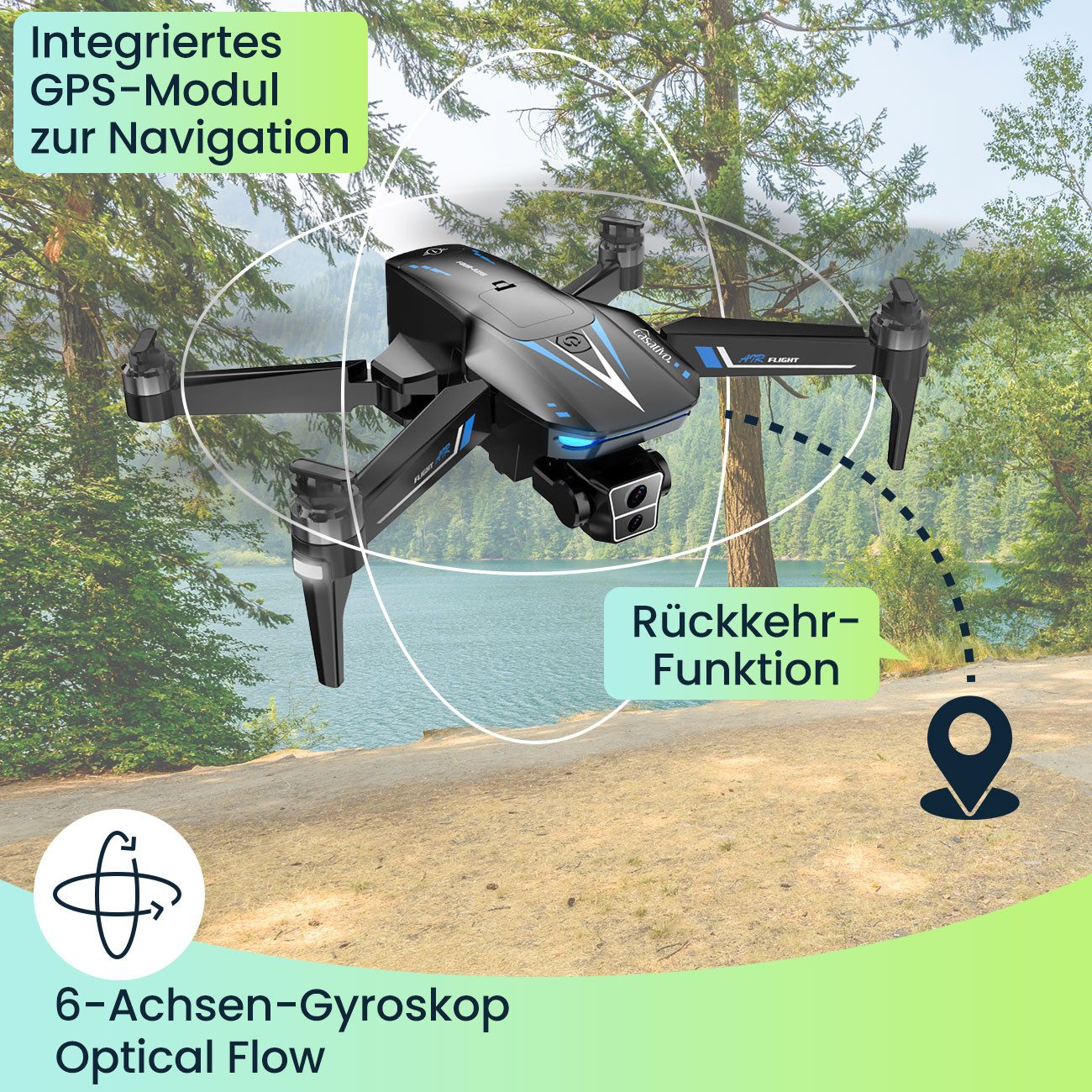 Casativo Profi GPS-Drohne Full-HD Kamera 3-Achsen-Gimbal 800 m 4K interpoliert Drohne (360°-Richtungskontrolle, Flugzeit ca. 25 Min., Rückkehr-Funktion) schwarz