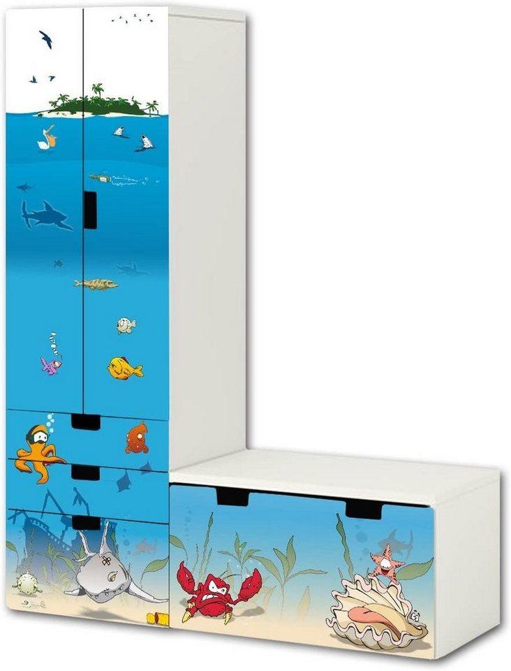 STIKKIPIX Möbelfolie SL06, (MÖBEL NICHT INKLUSIVE) Unterwasserwelt  Aufkleber-Set - passend für die Kinderzimmer Aufbewahrungskombination STUVA  von IKEA (L-Form) - Bestehend aus Schrank, Kommode mit 3 Fächern und  Banktruhe