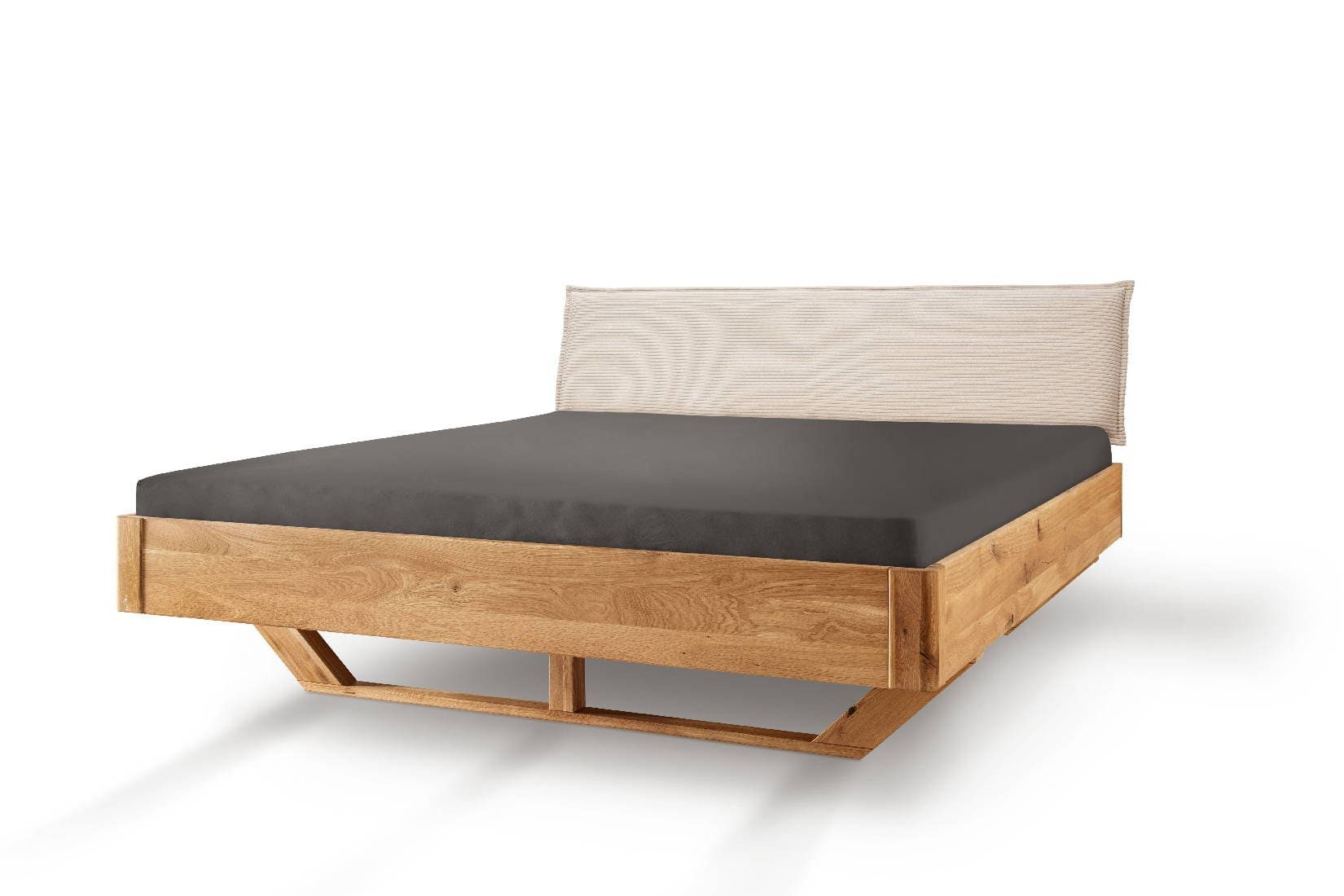 TPT Möbel Massivholzbett Landhaus, Wildeiche mit Holzkufen und Stoffkopfteil