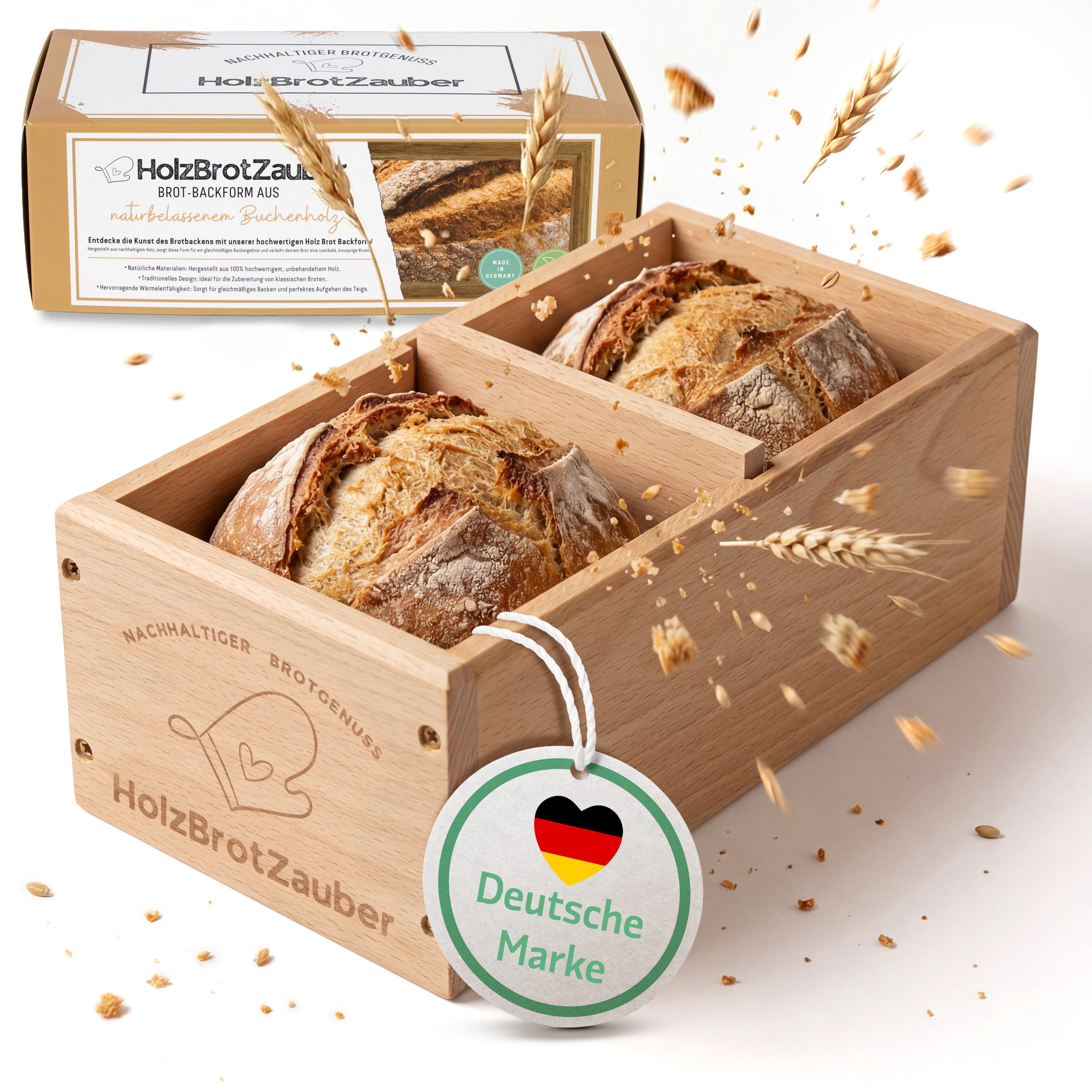 Bambuna Brotbackform HOLZBROTZAUBER - 30cm Premium Holzbrot Backform aus Buchenholz, (Brotbackrahmen für 1,5kg Brot mit integriertem Trennsteg), Perfekte Kruste & E-Book mit Brotbackrezepten