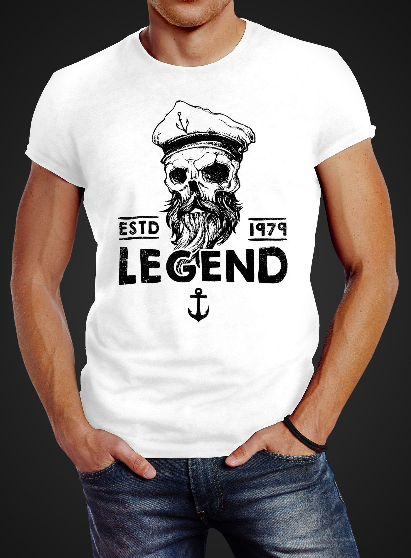 Neverless Print-Shirt Herren T-Shirt Skull Totenkopf Captain Bart Print weiß Slim Legend mit Fit Kapitän Neverless®