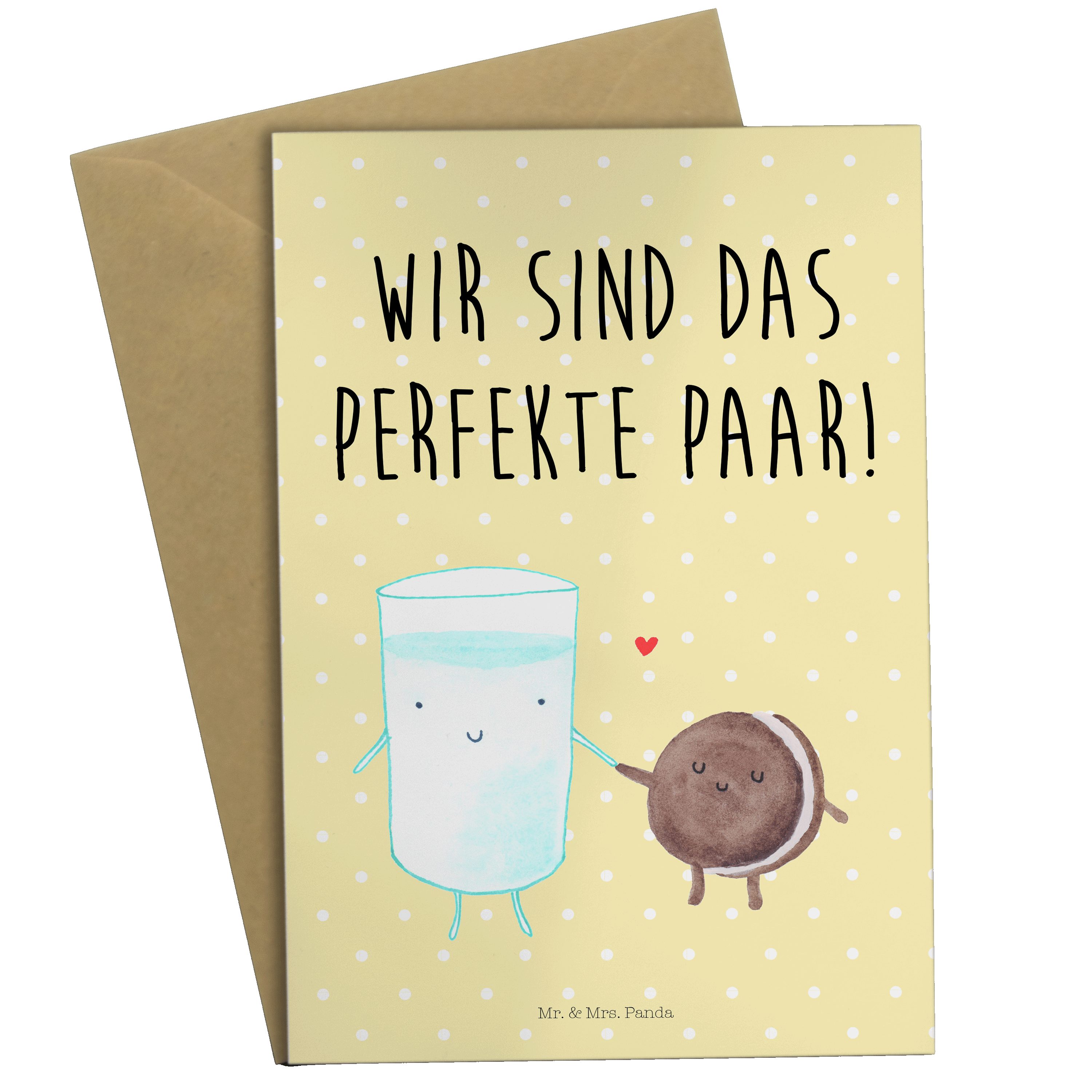 Mr. & Mrs. Panda Grußkarte Milch & Keks - Gelb Pastell - Geschenk, Gute Laune, Einladungskarte