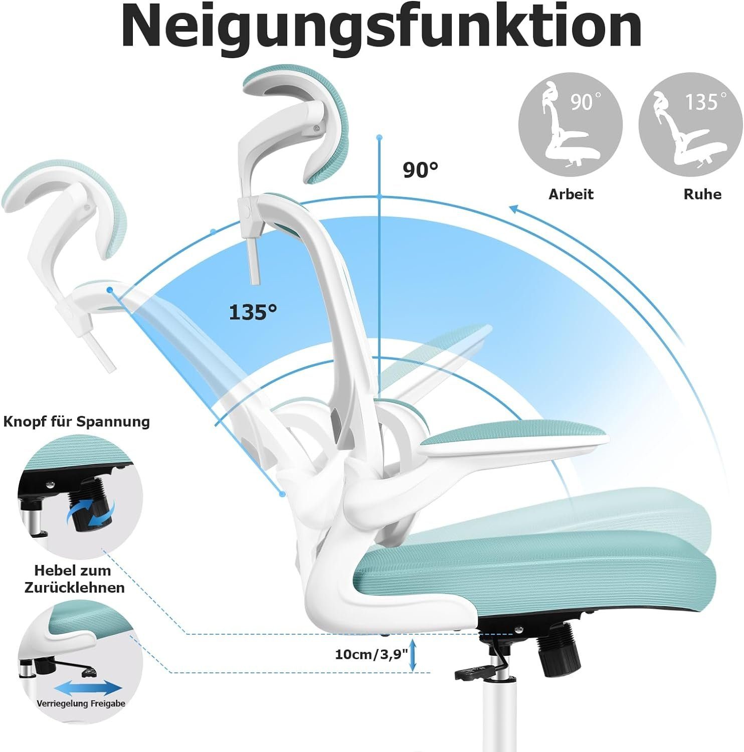 Bürostuhl Netz (Computerstuhl Armlehnen), aus Ergonomisch, Schreibtischstuhl mit mit Neigungsfunktion 90°-135° Razzor Hochklappbaren