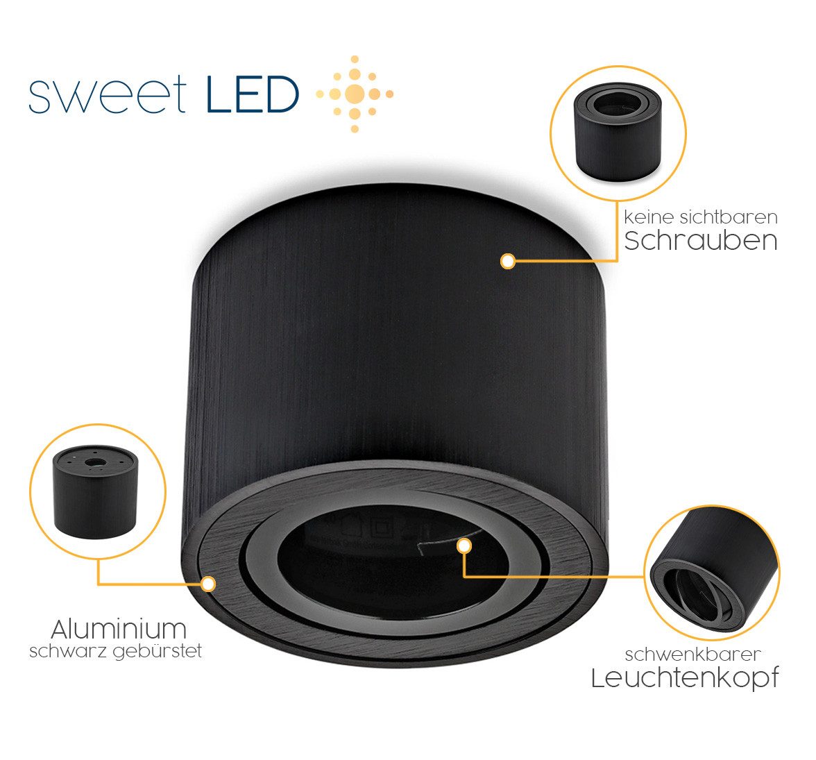 Sweet LED LED Aufbaustrahler 6er Set flache LED Aufbauspots - rund & schwenkbar, 5 W, 230V, LED wechselbar, Warmweiß, LED Deckenlampe, Deckenspot, Deckenstrahle – Bild 5 von 5