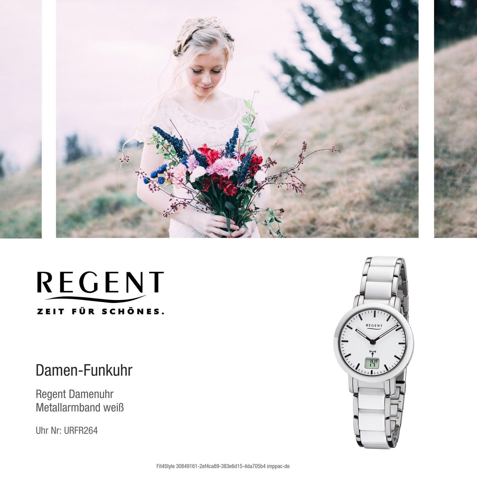 Regent Funkuhr Regent Metallarmband FR-264, Gehäuse, rundes (ca. klein 30mm) silber, Damen Uhr Damenuhr weiß, Metall