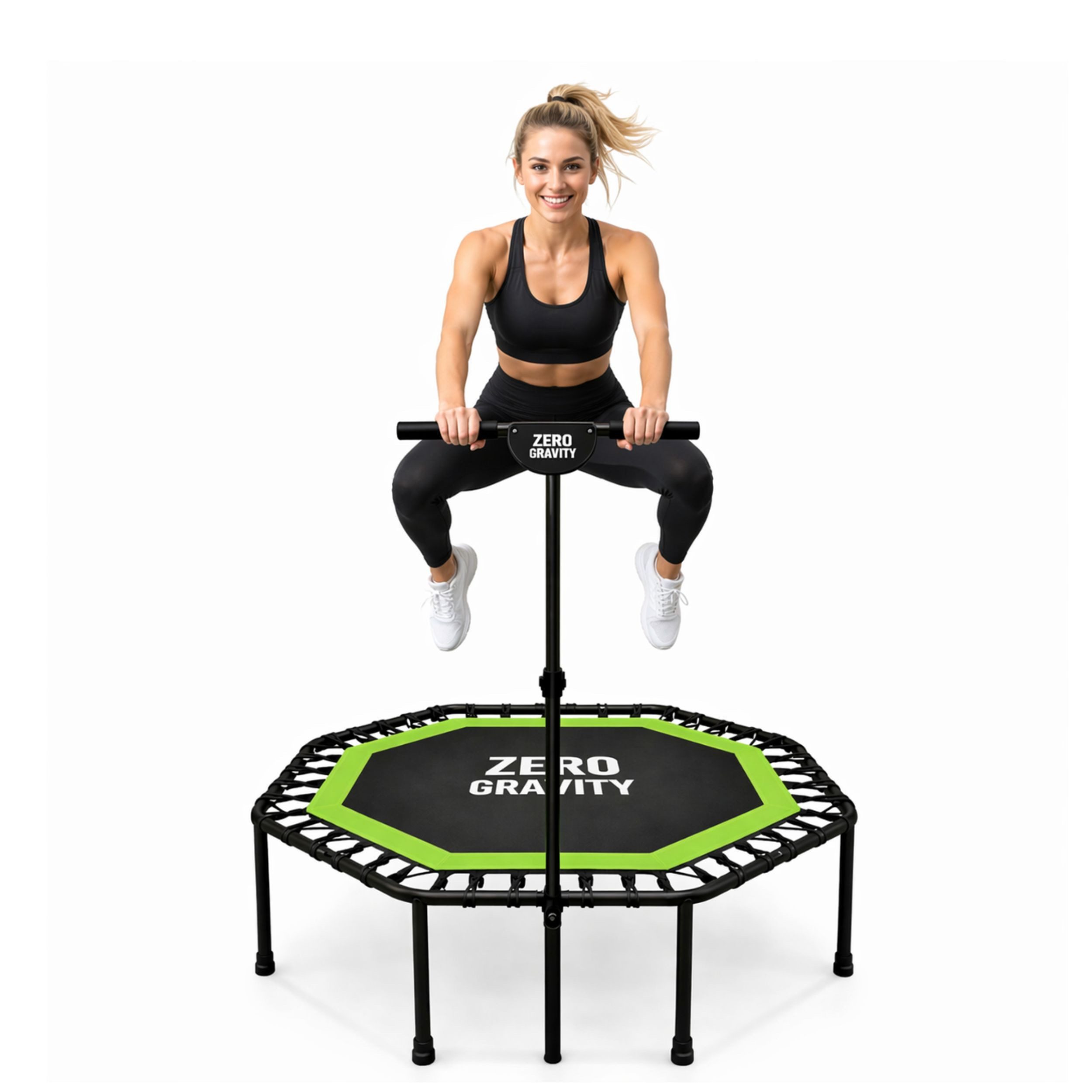 Zero Gravity Fitnesstrampolin mit großer Sprungfläche • Höhenverstellbarer Haltegriff • Bis 130kg, Ideal für Jumping Fitness, Leise Bungeeseilfederung, 9 Standbeine