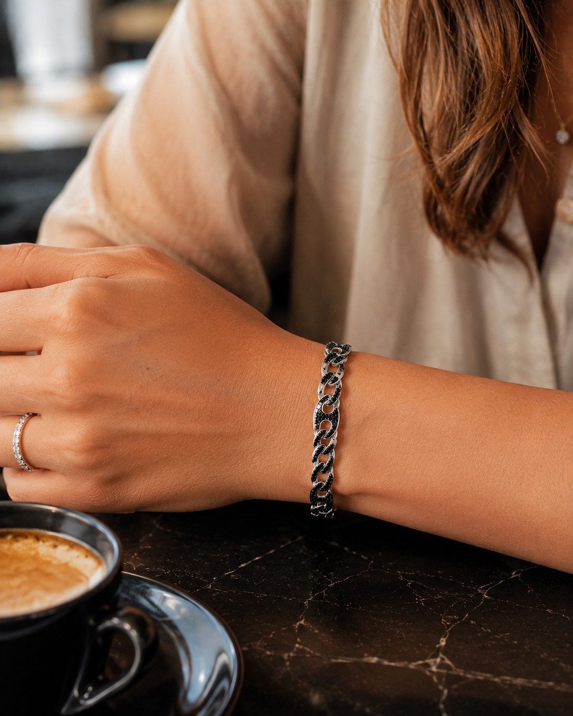 Tony Fein Silberarmband Panzerarmband Kaffebohnen 8 mm 925er Sterling Silber Massiv, Made in Italy