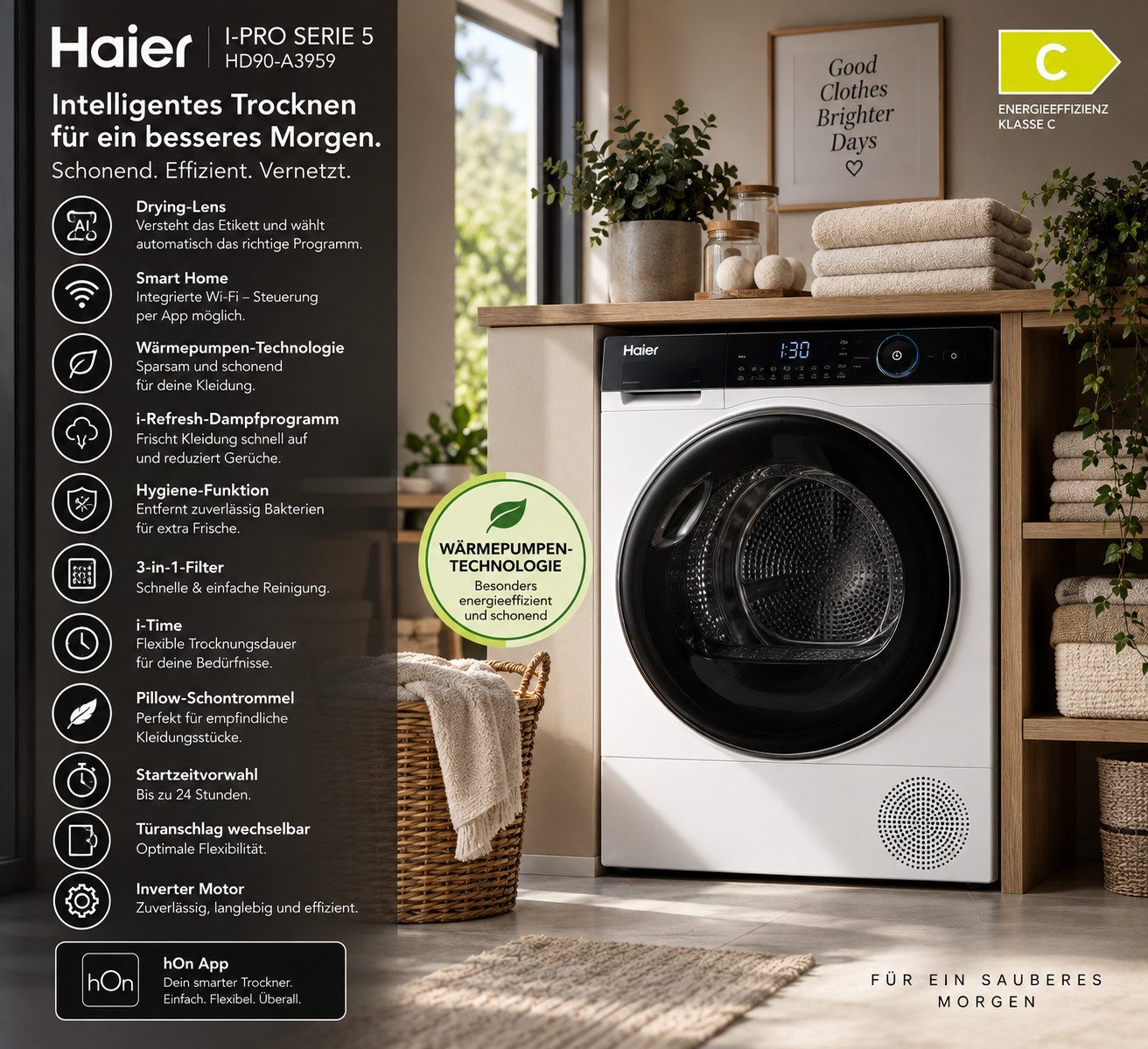 HAIER Germany GmbH Wärmepumpentrockner I-Pro Serie 5 HD90-A3959-DE, i-Refresh Dampfpflege & Drying-Lens Etikett-Scan – Bild 2 von 5