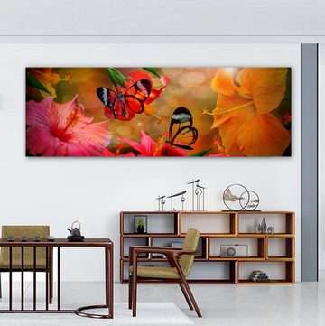 TPFLiving Kunstdruck (OHNE RAHMEN) Poster - Leinwand - Wandbild, Schönes Blumen-Schmetterlings-Poster, großes Leinwandgemälde (Leinwandbild XXL), Farben: Grün, Rosa, Weiß, Blau, Gelb, Rot -Größe: 20x60cm