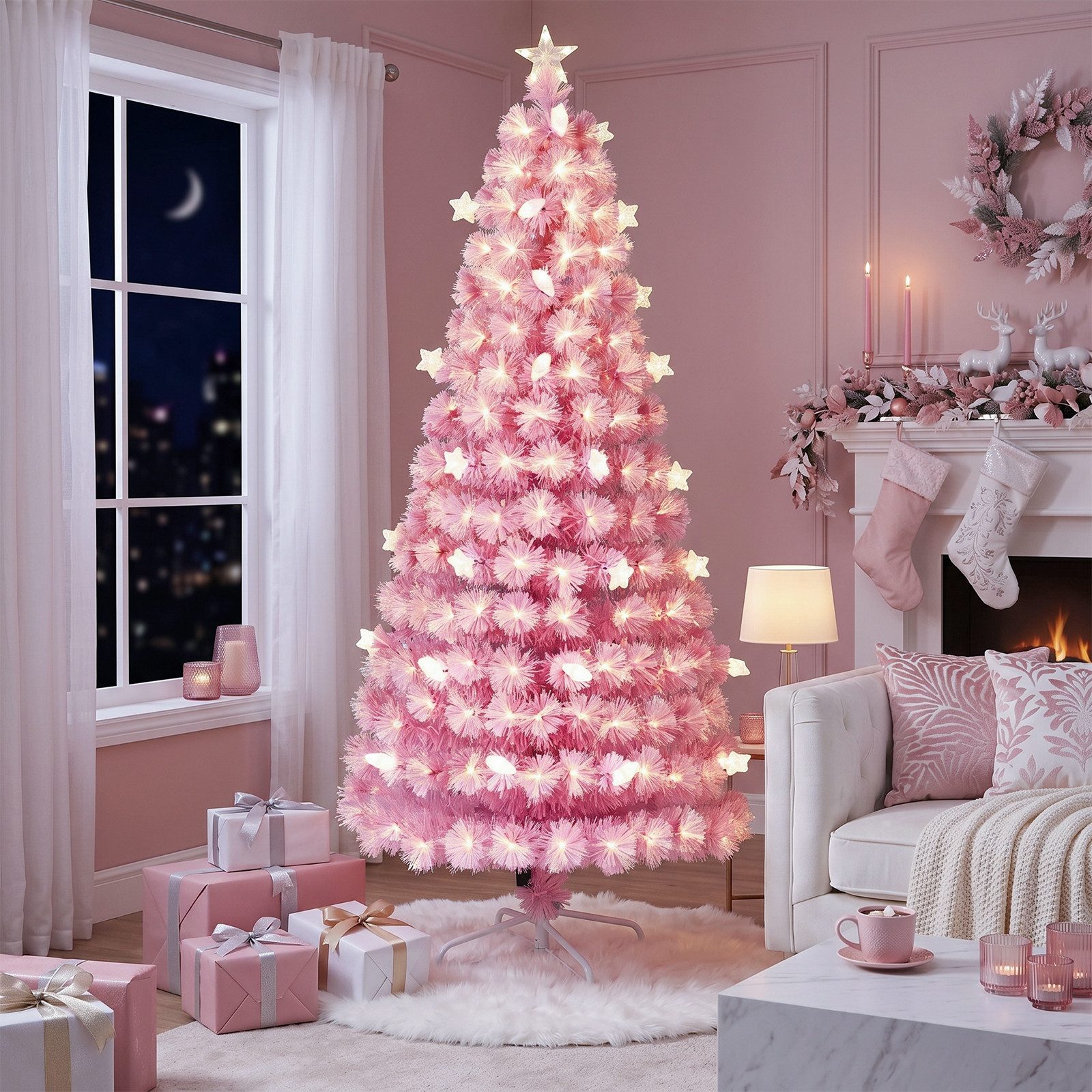 VINGLI Künstlicher Weihnachtsbaum mit Lichtern, Weihnachtsdeko mit Metallständer, für innen & Außen, Lichtfasern, 230 LEDs & 8 Lichtmodi, 230 Spitzen, PVC, 180 cm, Rosa