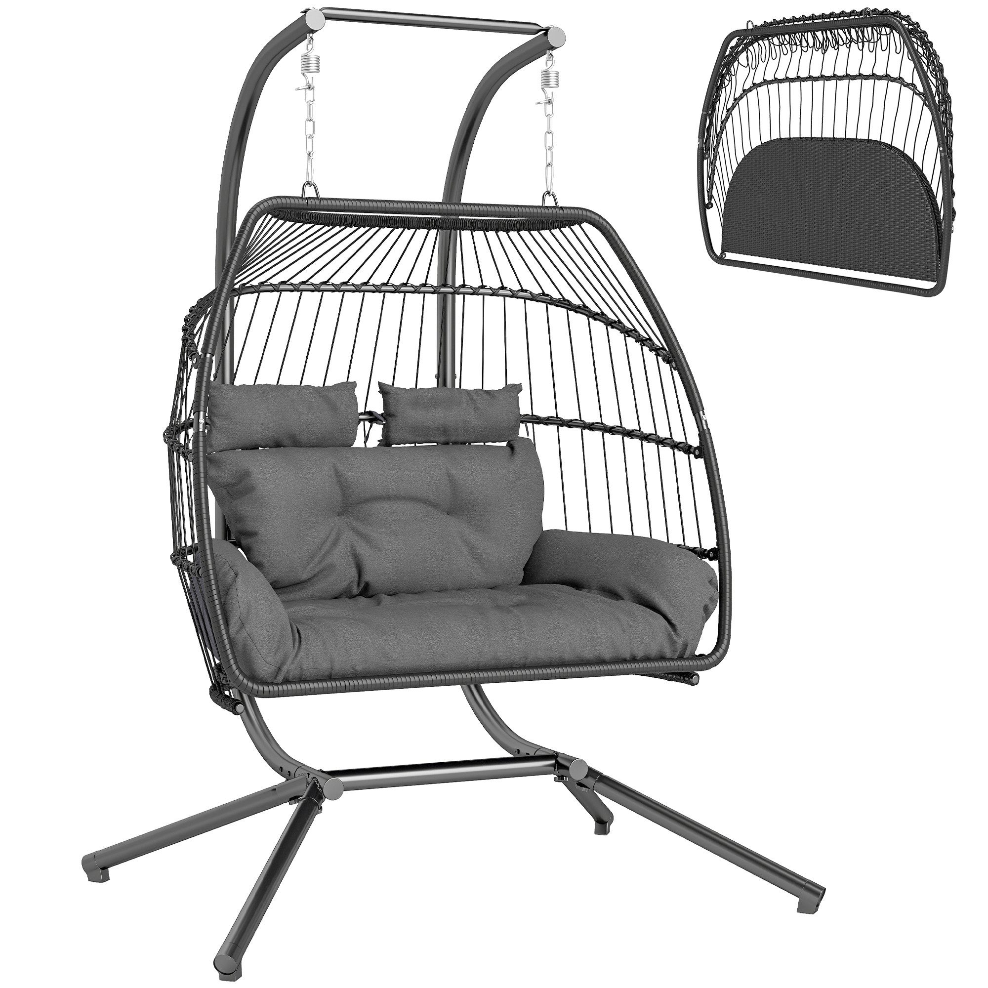 Outsunny Schaukelstuhl mit Kissen, ergonomisch, für 2 Personen (faltbar Hängesessel mit Gestell, 1 St), belastbar bis 260kg, für Balkon, Terrasse, Dunkelgrau