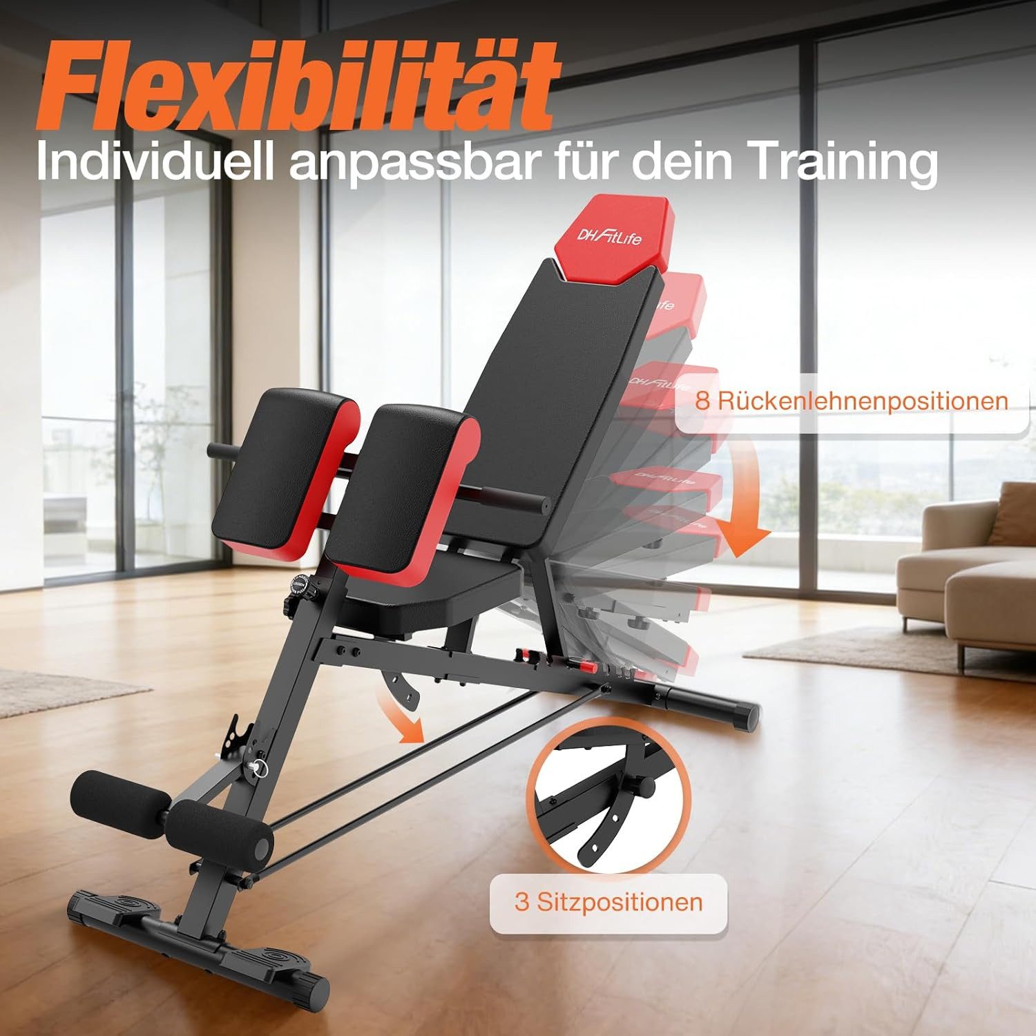 DH FitLife Hantelbank Verstellbar 6in1 bis 350kg, (Multifunktionale Trainingsbank mit Hyperextension), Nordic Curl & 52 Einstellungen für Home Gym