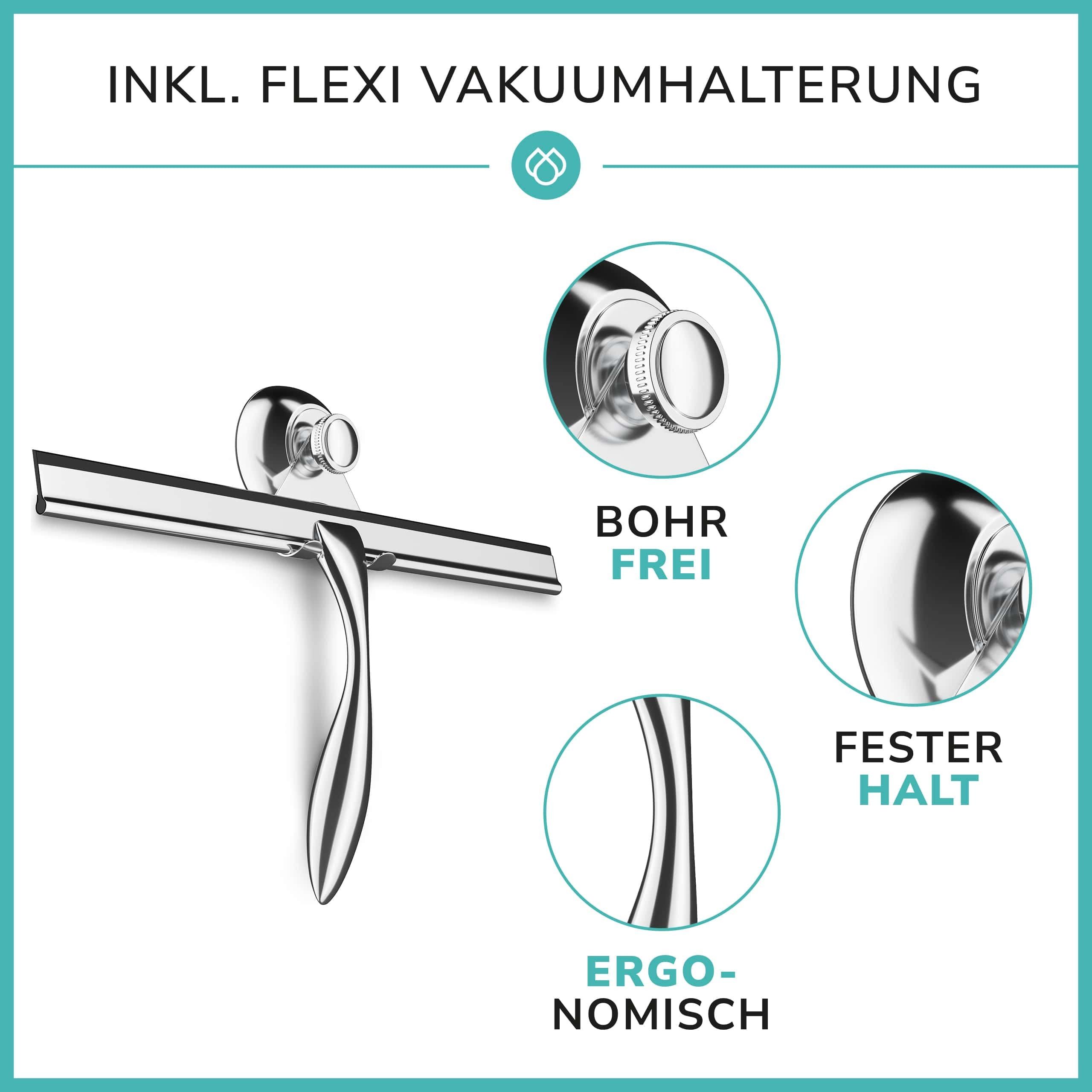 Laakfeld Duschabzieher Extra Breit, 30,5cm Abzieher aus Edelstahl mit Silikon Lippe, (Duschwischer inkl. Saugnapf Halterung ohne Bohren), Duschabzieher breit mit ergonomischem Griff