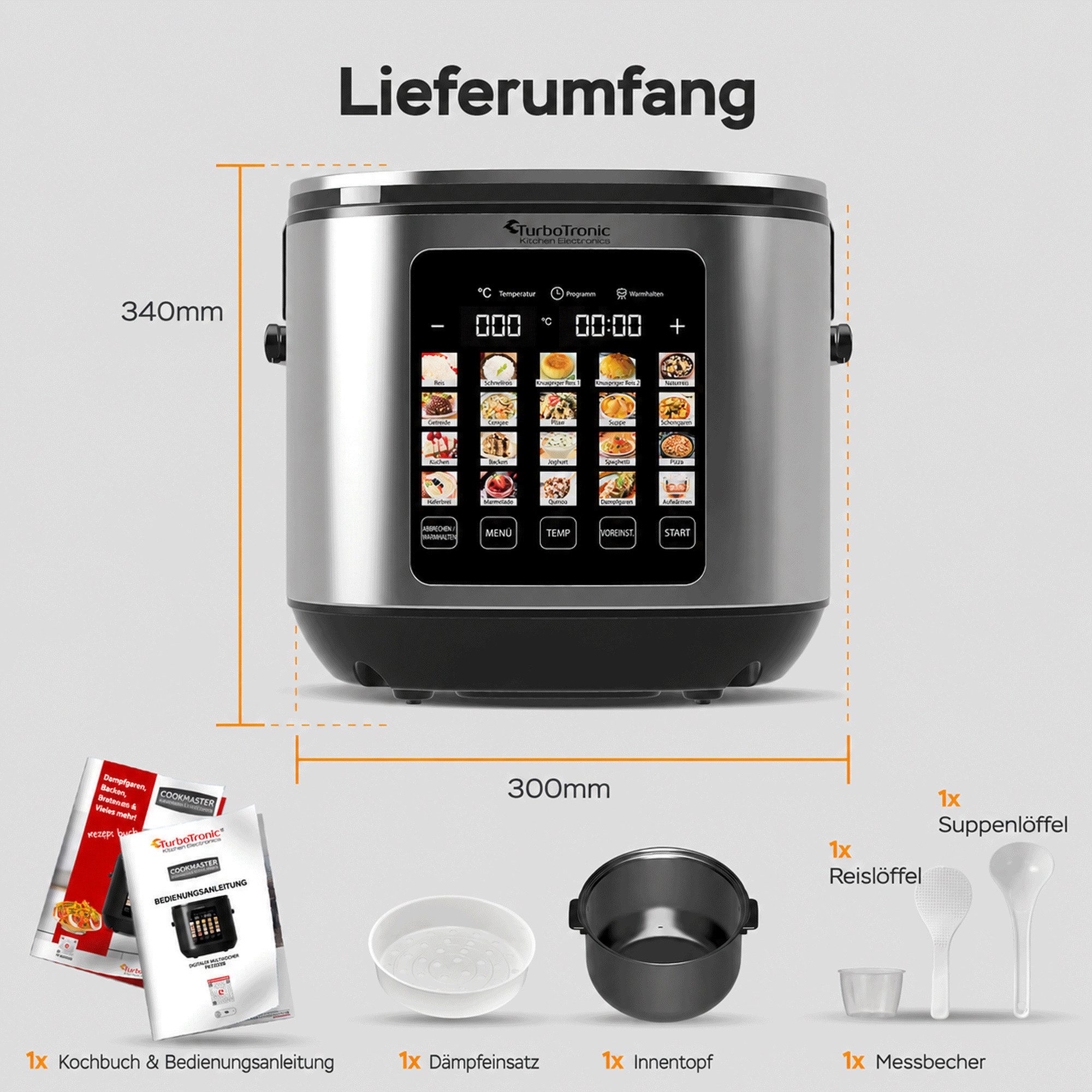 TurboTronic by Z-Line Multikocher elektrischer Dampf- und Schongarer Reiskocher Slow Cooker Silber, 860 W, 5 l Schüssel, 20in1 Schnellkochtopf perfekter Reis 5l Topf Keramikbeschichtung