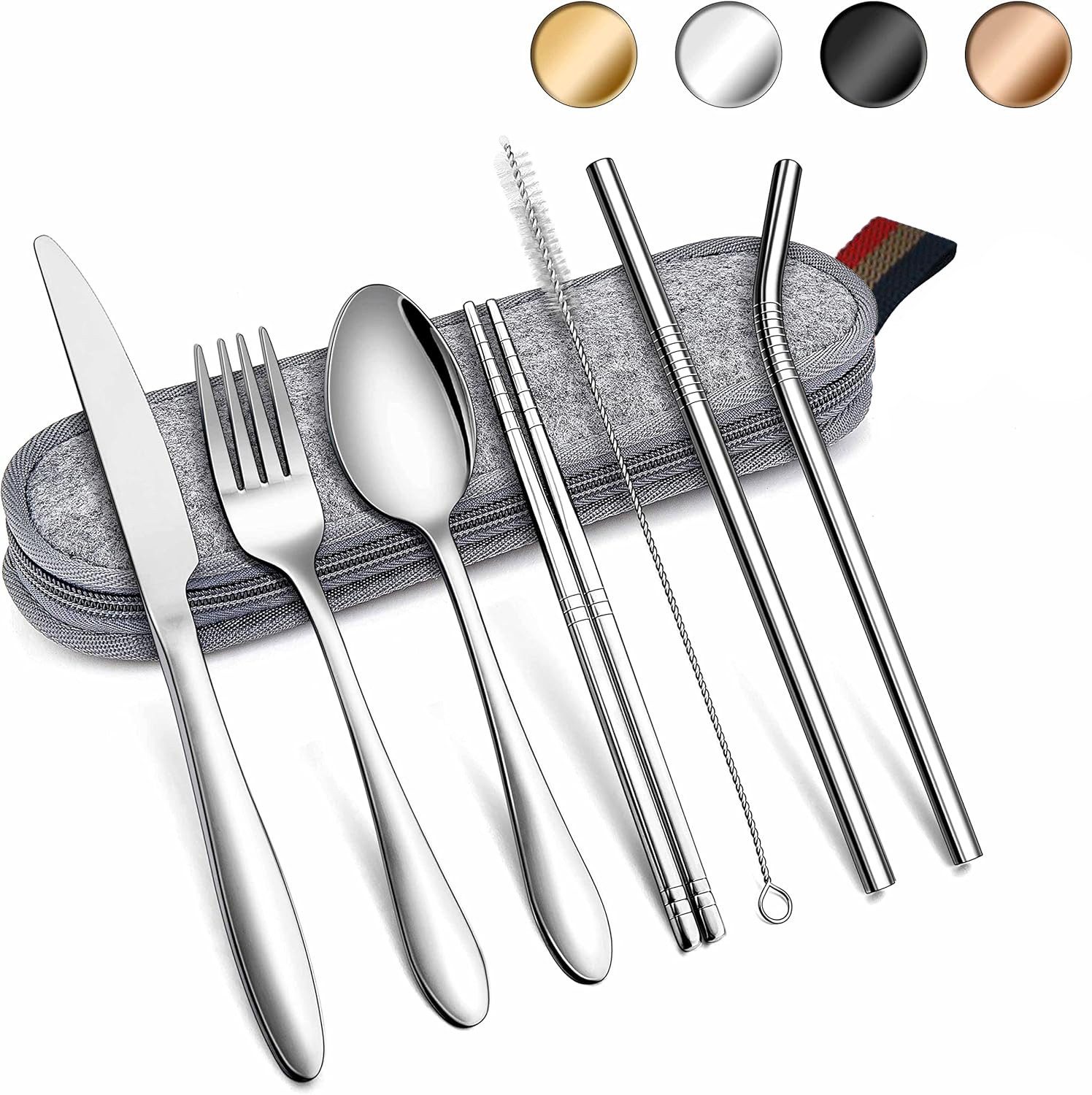 Auledio Besteck-Set Reisebesteck Set 8-teilig: Camping Besteck aus Edelstahl mit Tasche (8-tlg), Edelstahl, Edelstahl, umweltfreundlich, robust, tragbar, vielseitig