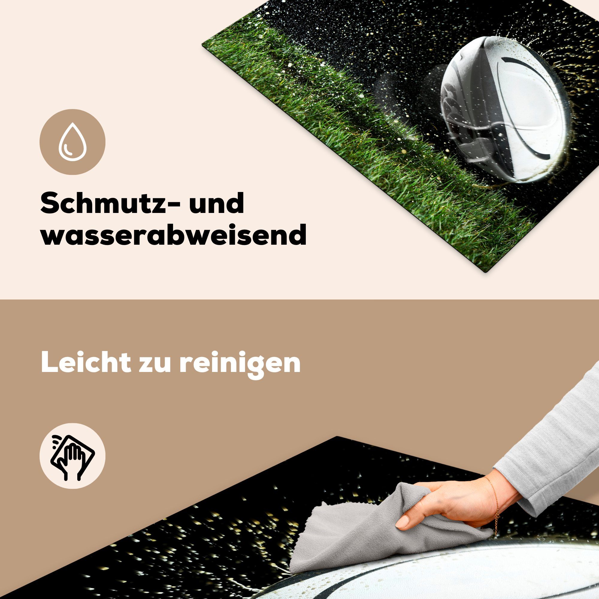 MuchoWow Arbeitsfläche Rasen, Ceranfeldabdeckung nutzbar, 70x52 Rugbyball (1 cm, Herdblende-/Abdeckplatte Ein Vinyl, rollt Mobile tlg), auf dem