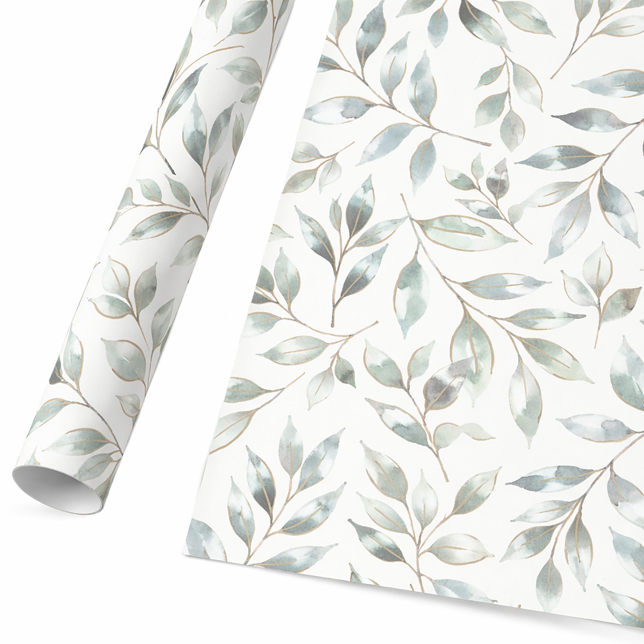 Star Geschenkpapier, Geschenkpapier Eukalyptus Blätter Motiv 70cm x 2m Rolle Weiß / Grün