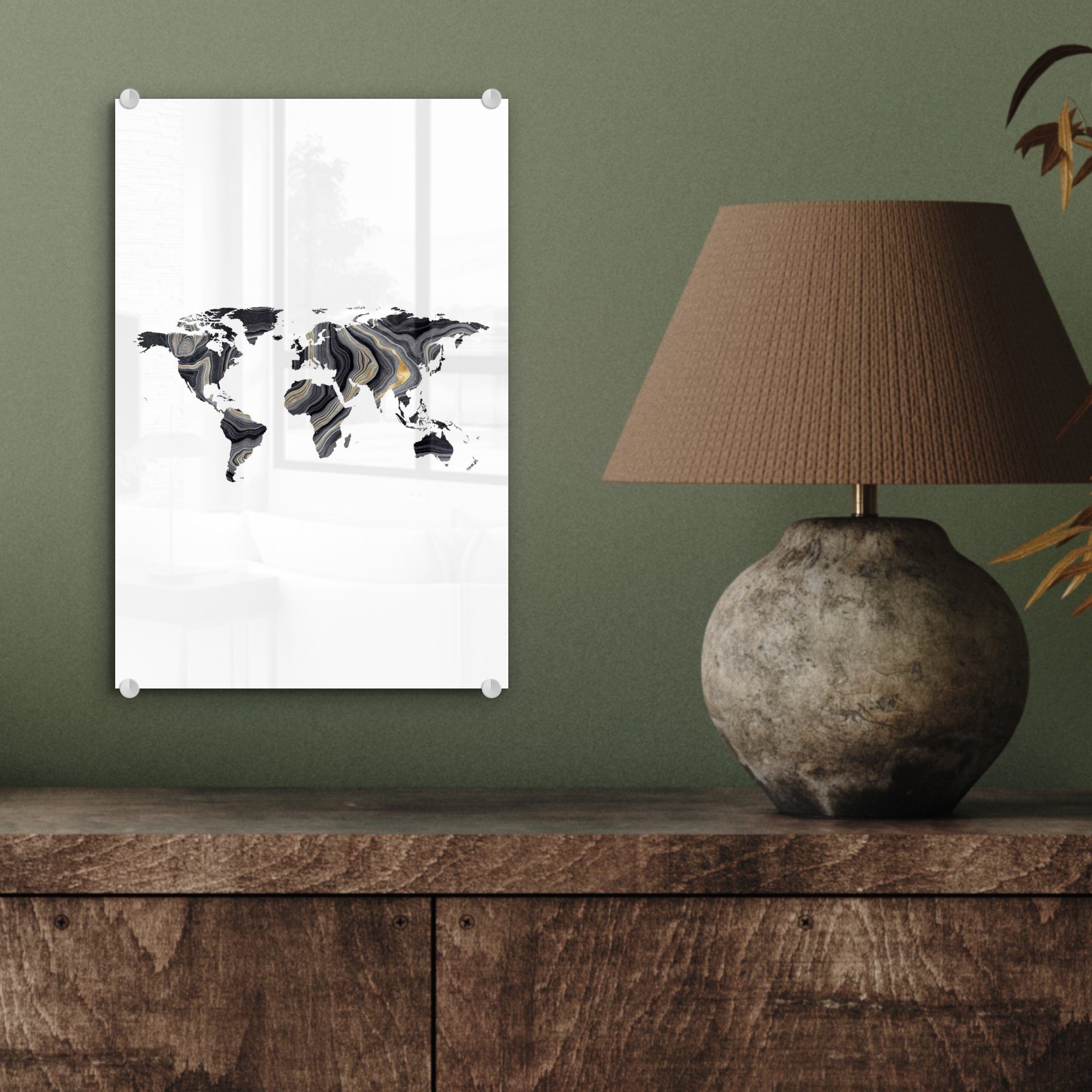 Acrylglasbild Wandbild Glasbilder Farbe (1 St), Gold, - Weltkarte MuchoWow Glas - Wanddekoration - Bilder auf - Glas - auf Foto