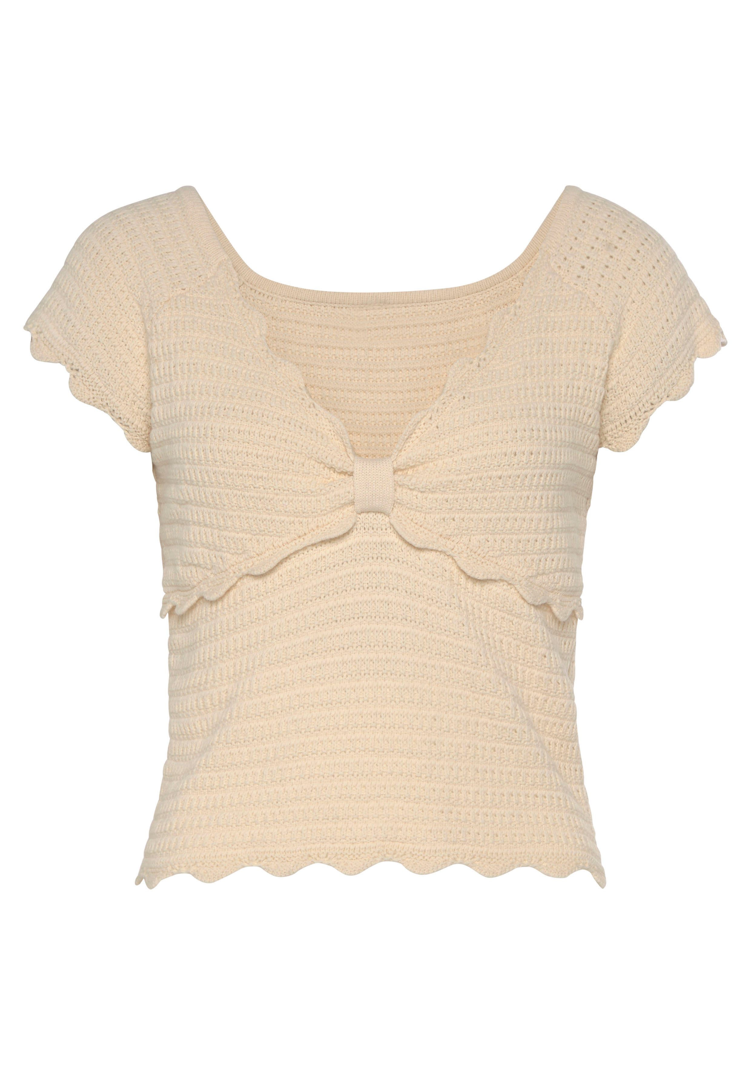 Vivance Kurzarmpullover mit modischer Wellenkante, T-Shirt mit V-Ausschnitt, Baumwoll-Mix