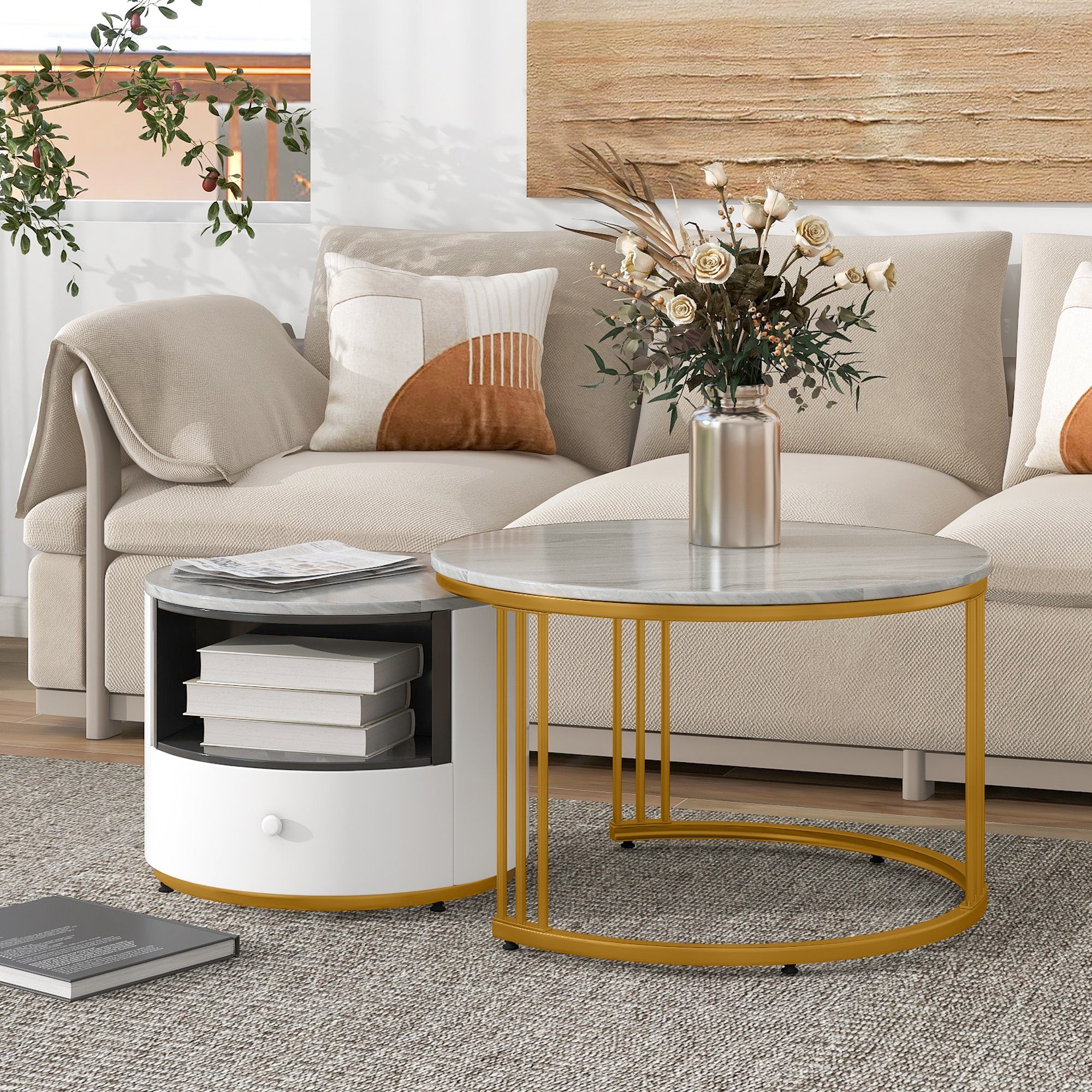 Rund Weiß Marmor Wohnzimmer, Wohnzimmer Satztische fürs Rund Couchtisch Tisch Modern 2er Beistelltisch, Metallgestell Set Optik Weiss Celya Gold mit