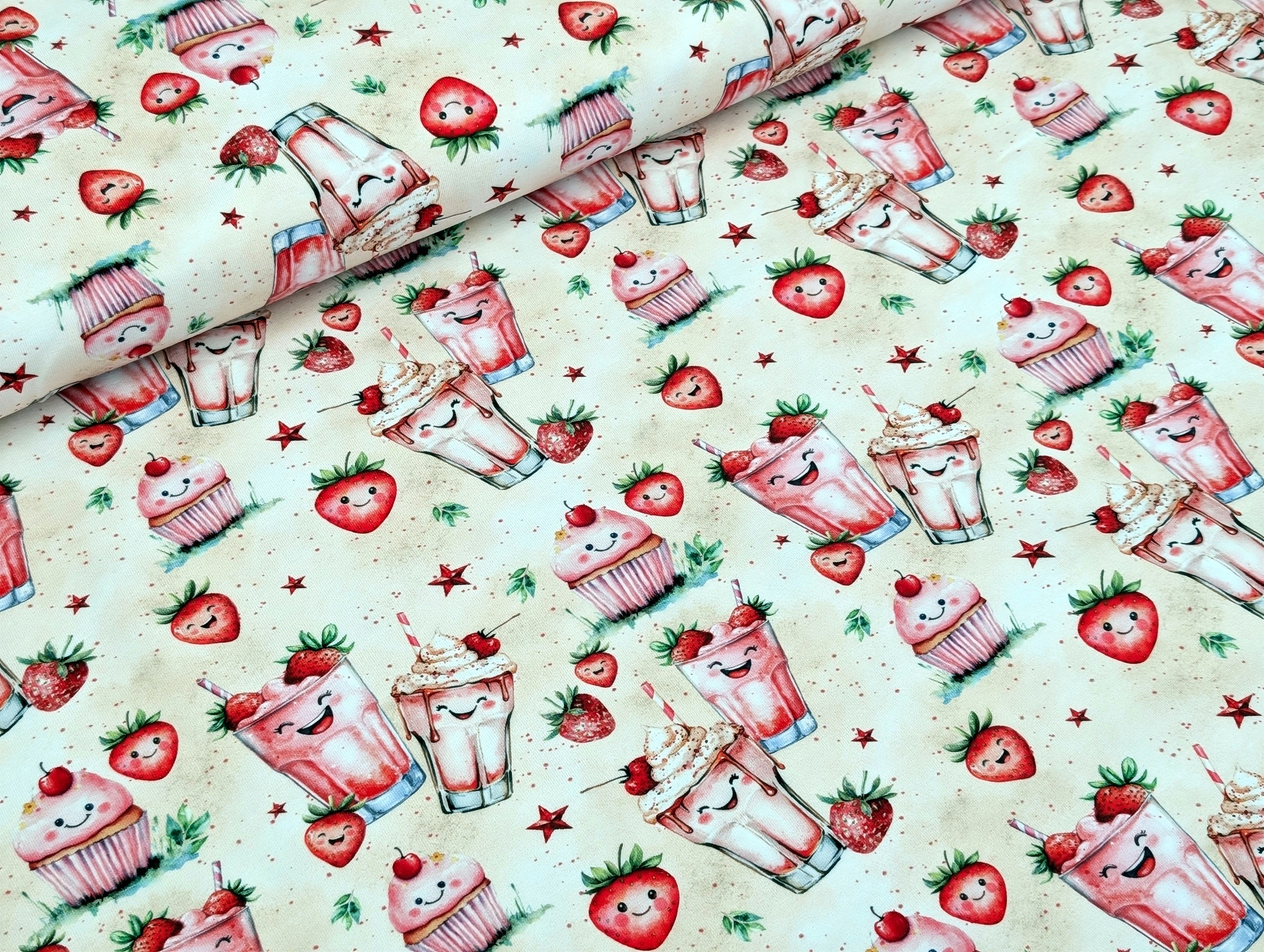 Corileo Stoff EP Baumwolljersey Erdbeere Shake auf Vanille Stoff Meterware Muffin