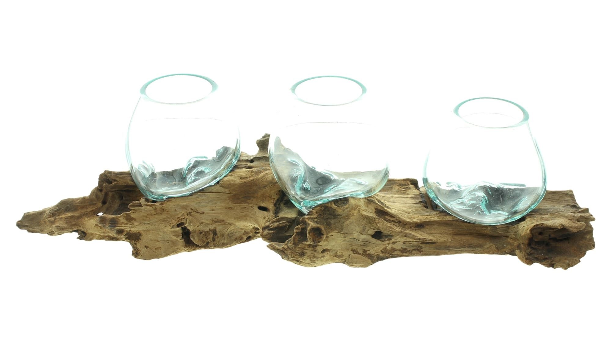 Dekoleidenschaft Wanddekoobjekt "Wurzelholz" Wandvase mit 3 Glasvasen, Wandboard 56 cm, Wand-Windlicht, Handarbeit von Bali, Unikat, Teelichthalter