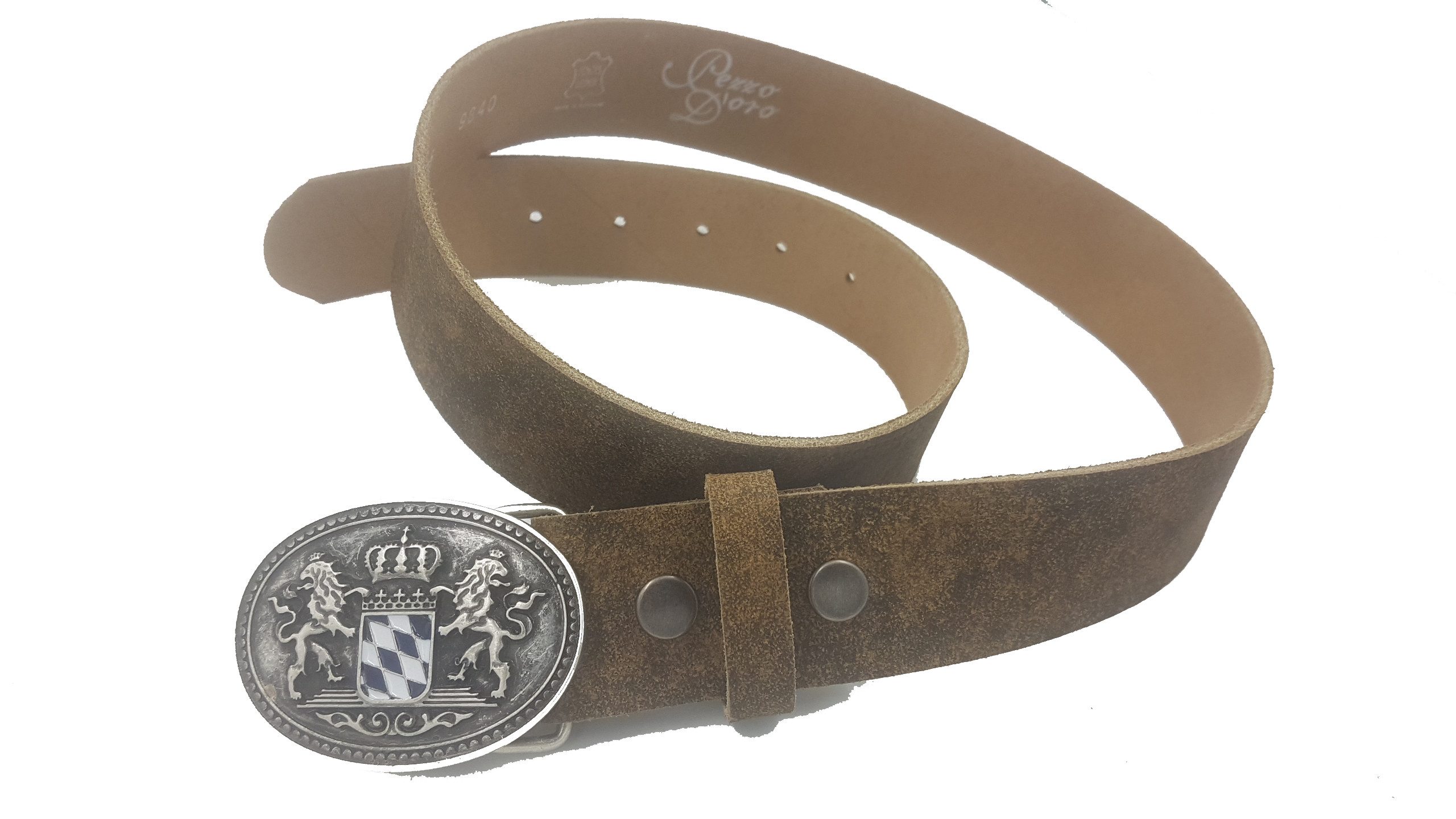 Pezzo D'oro Ledergürtel Rindsledergürtel braun-oliv inkl. Schließe mit Bayern-Wappen altsilber bayrisches Wappen in blau/weiß – Bild 2 von 3