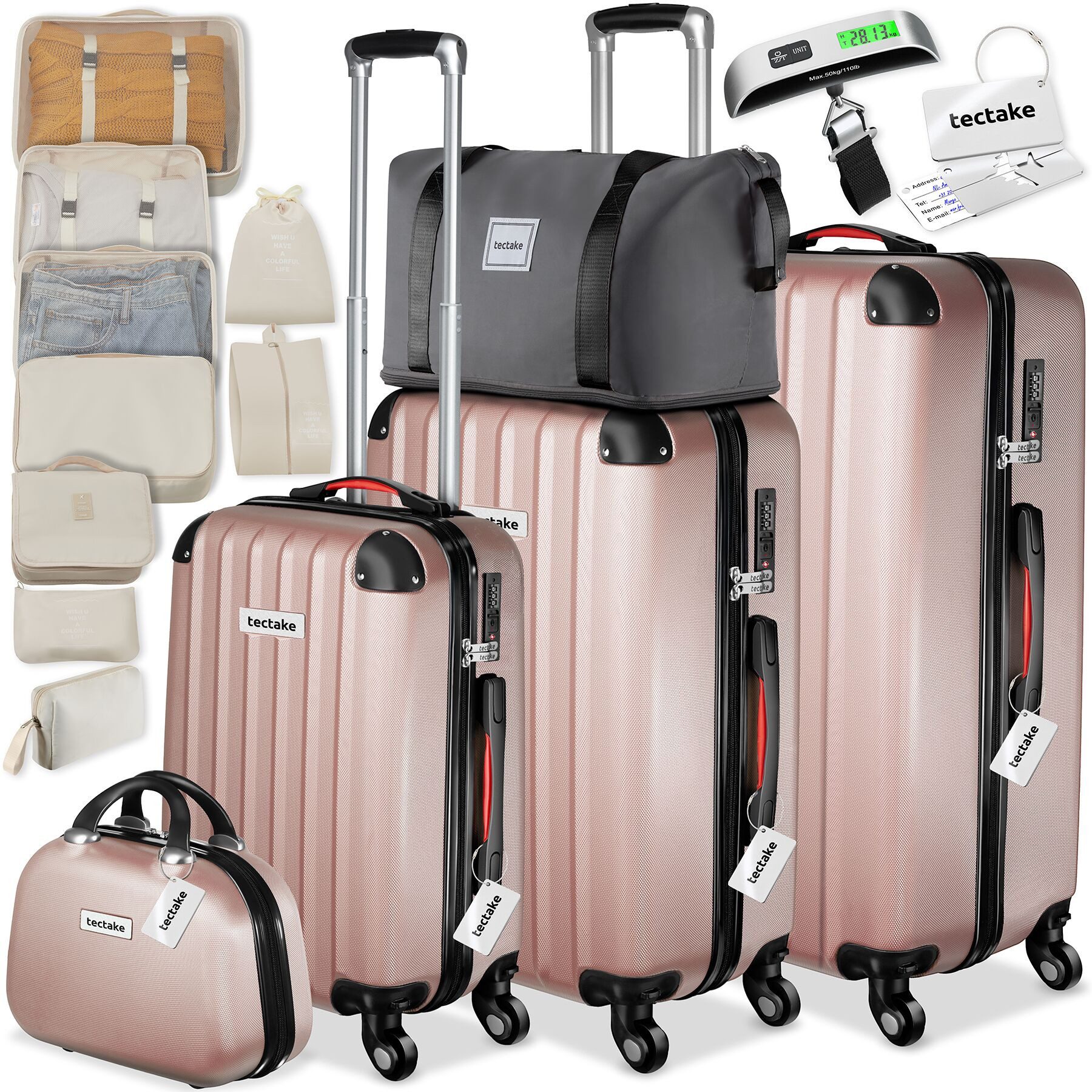 tectake Trolley Hartschalenkoffer-Set 19-teilig aus ABS-Kunststoff, Kofferwaage, 4 Rollen, TSA-Schloss, 360° drehbare, abnehmbare Rollen, mit Packwürfelset