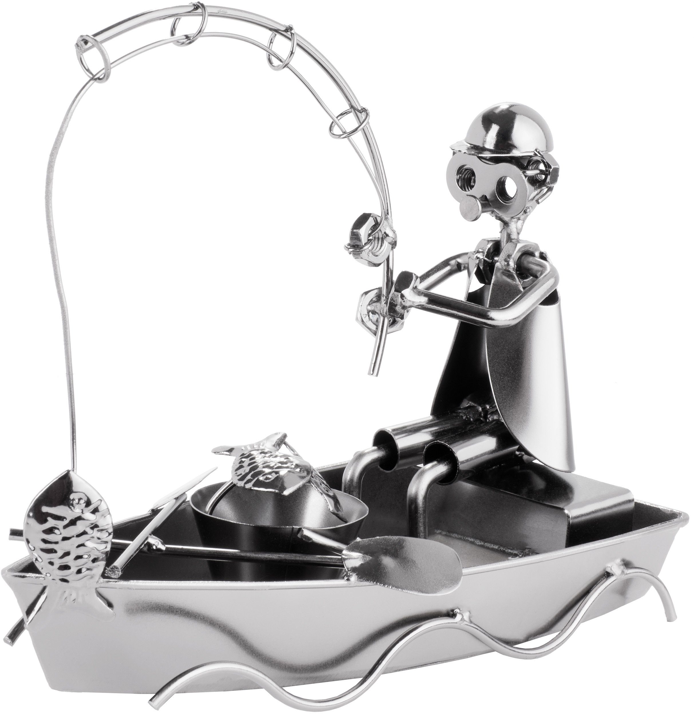 BRUBAKER Dekofigur Schraubenmännchen Angler im Boot (1 St), kunstvolle Metallskulptur für Angler und Fischer