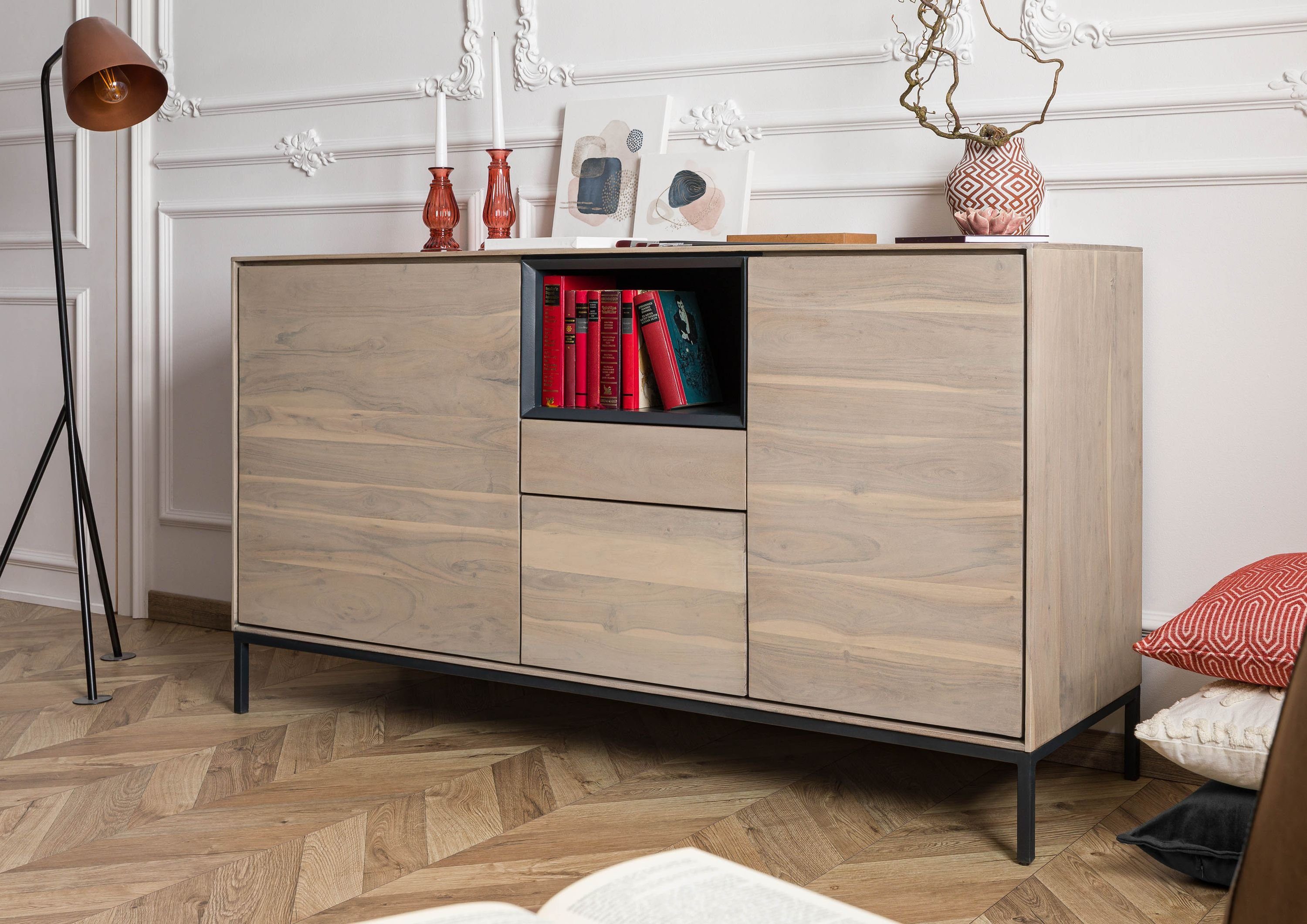 Massivmoebel24 Sideboard CHICAGO (Massivholz), Sideboard Akazie 160x45x85 grau-weiß geölt CHICAGO #04