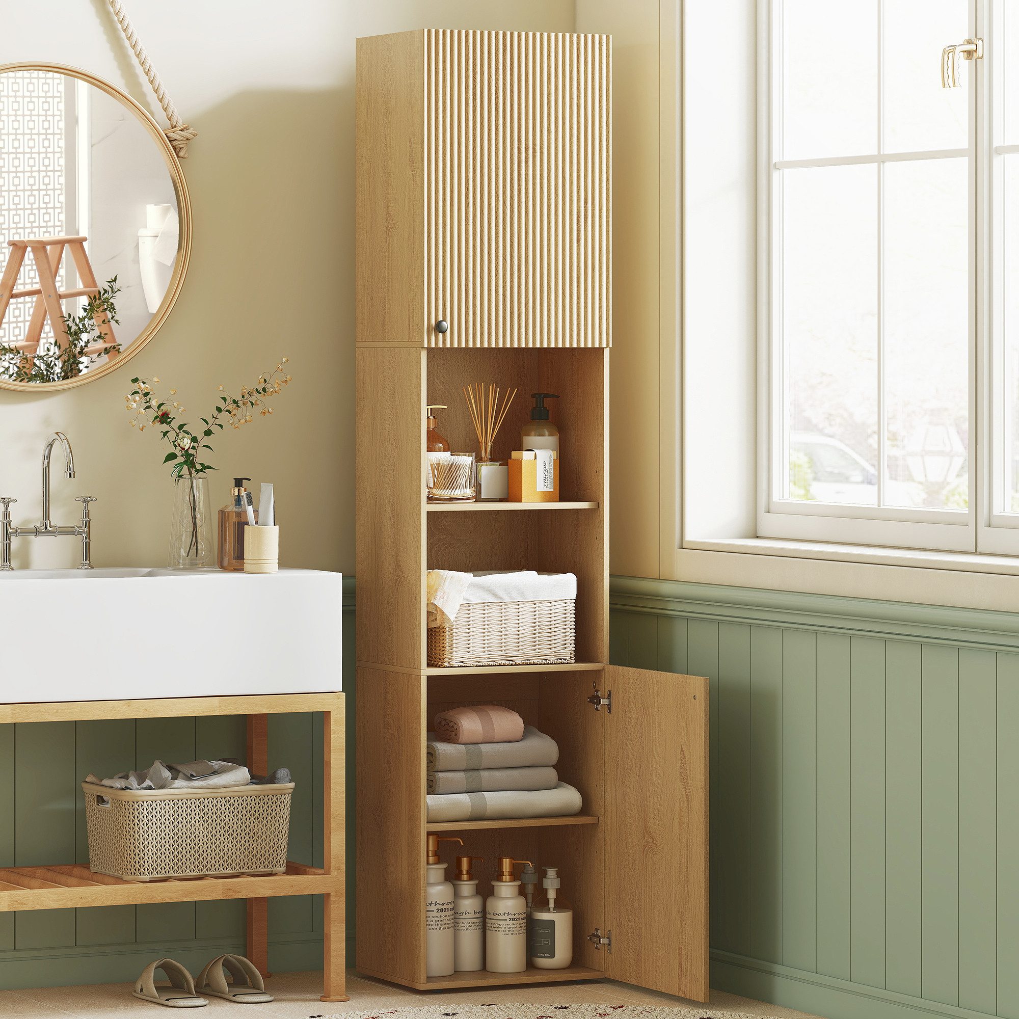 HOMCOM Badkommode Badezimmerschrank mit 2 Türen, 2 offenen Fächern Wohnzimmer (Badschrank, 1 St., Hochschrank), für Badezimmer, Eiche